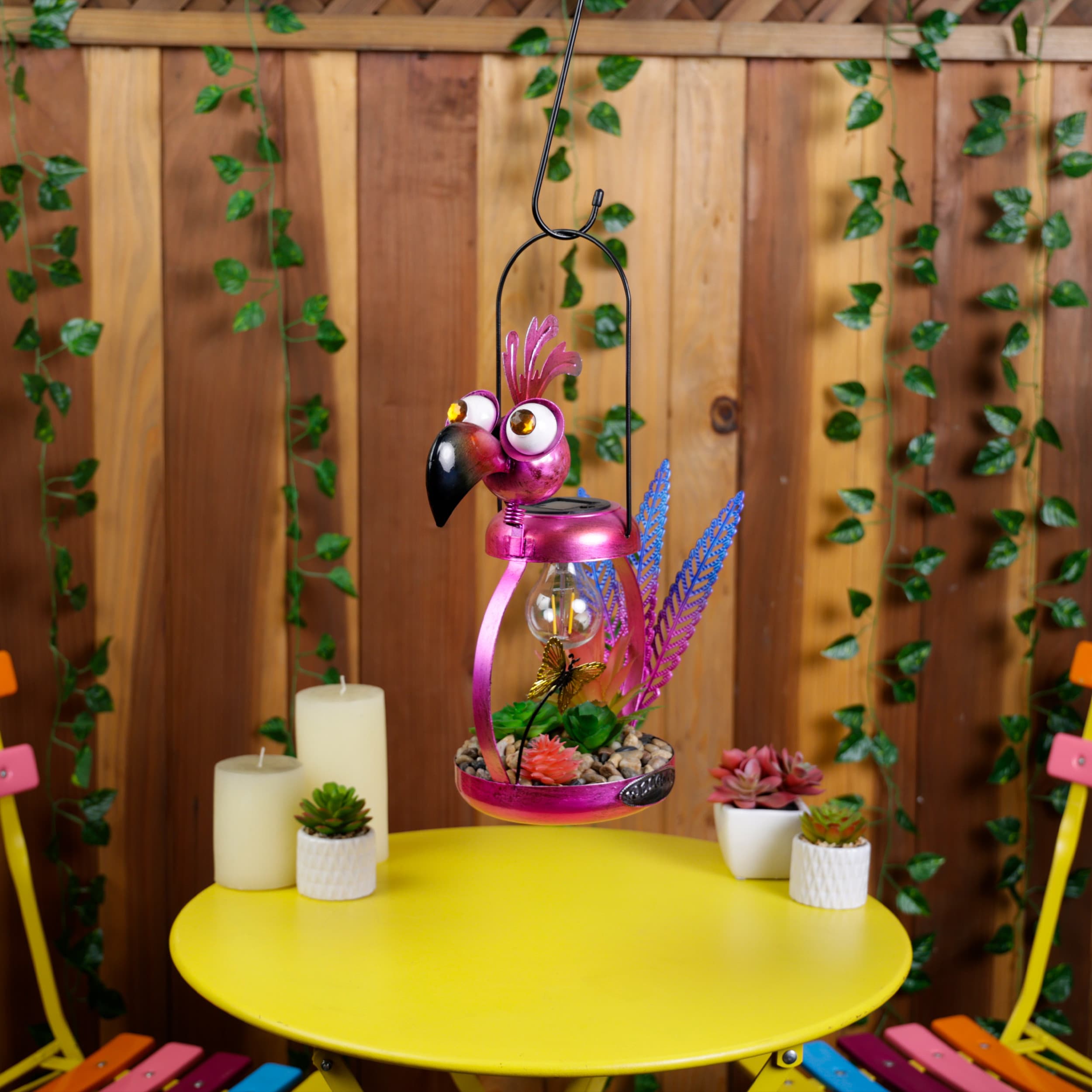 16" Solar Pink Flamingo Metal Garden Decor with LED Light