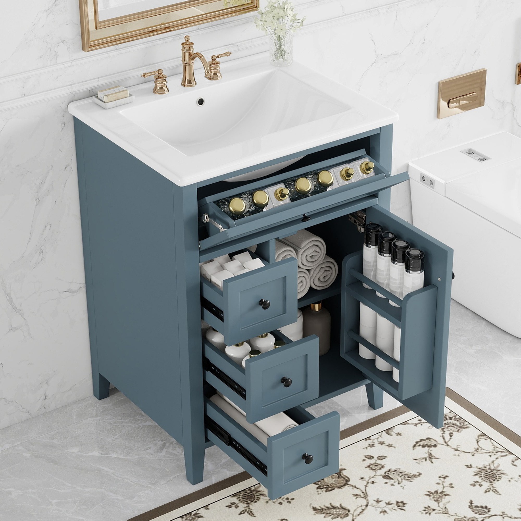 Wooakway 24 Inch Bathroom Vanity Freestanding MDF Rubberwood Cabinet With Multi Drawers Adjustable Shelf Gray Blue Glossy Painted Ceramic Sink Modern Vanity Cabinet
