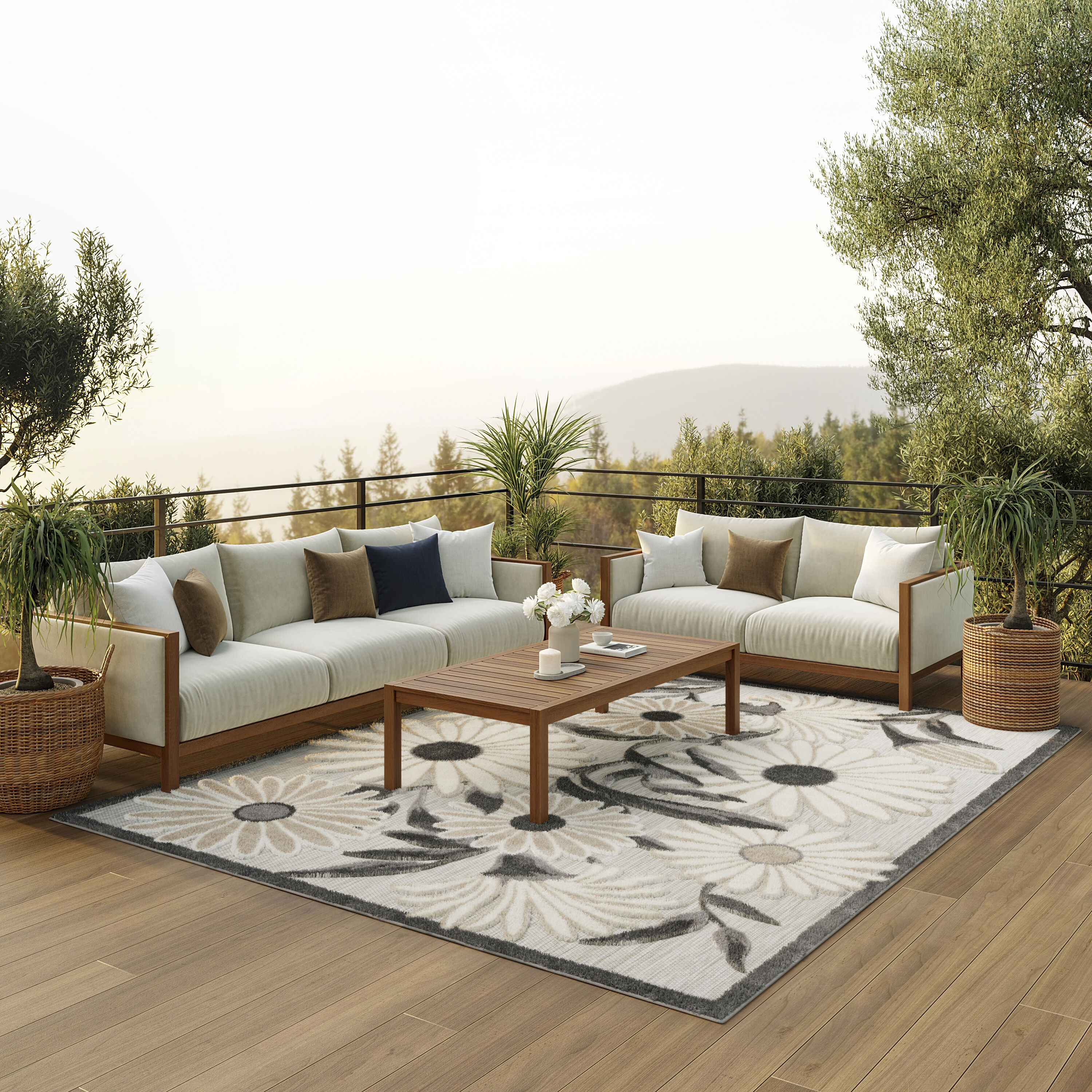 Nourison 099446171283 Aloha 8 x 11 (ft) Loomed Polypropylene Beige Rectangular Indoor/Outdoor Floral/Botanical Tropical Area rug