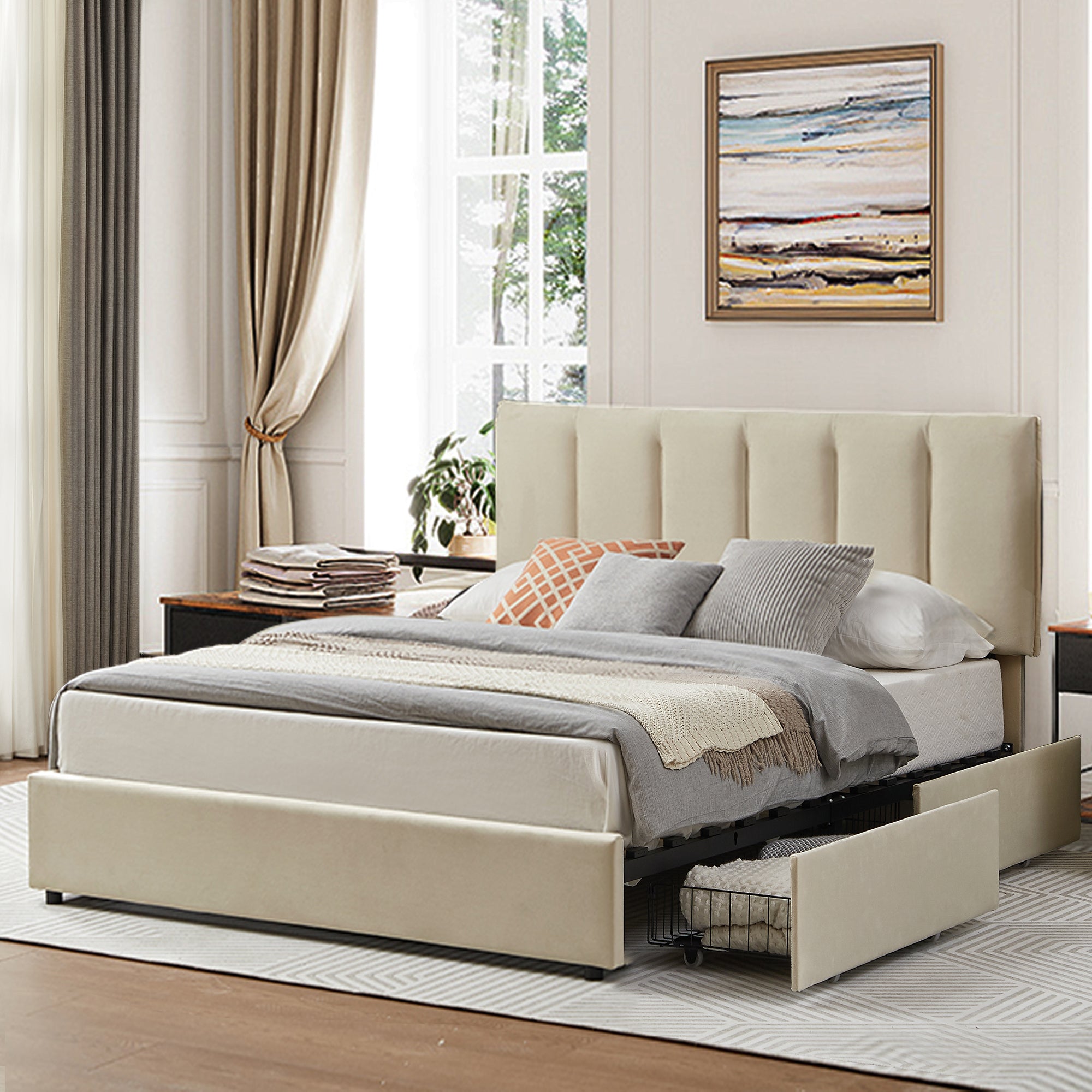 Vecelo LOE-CY-FB04-UP-BGE Full Size Bed Frame With Storage Drawer Upholstered Adjustable Velvet Headboard Platform Storage Bed