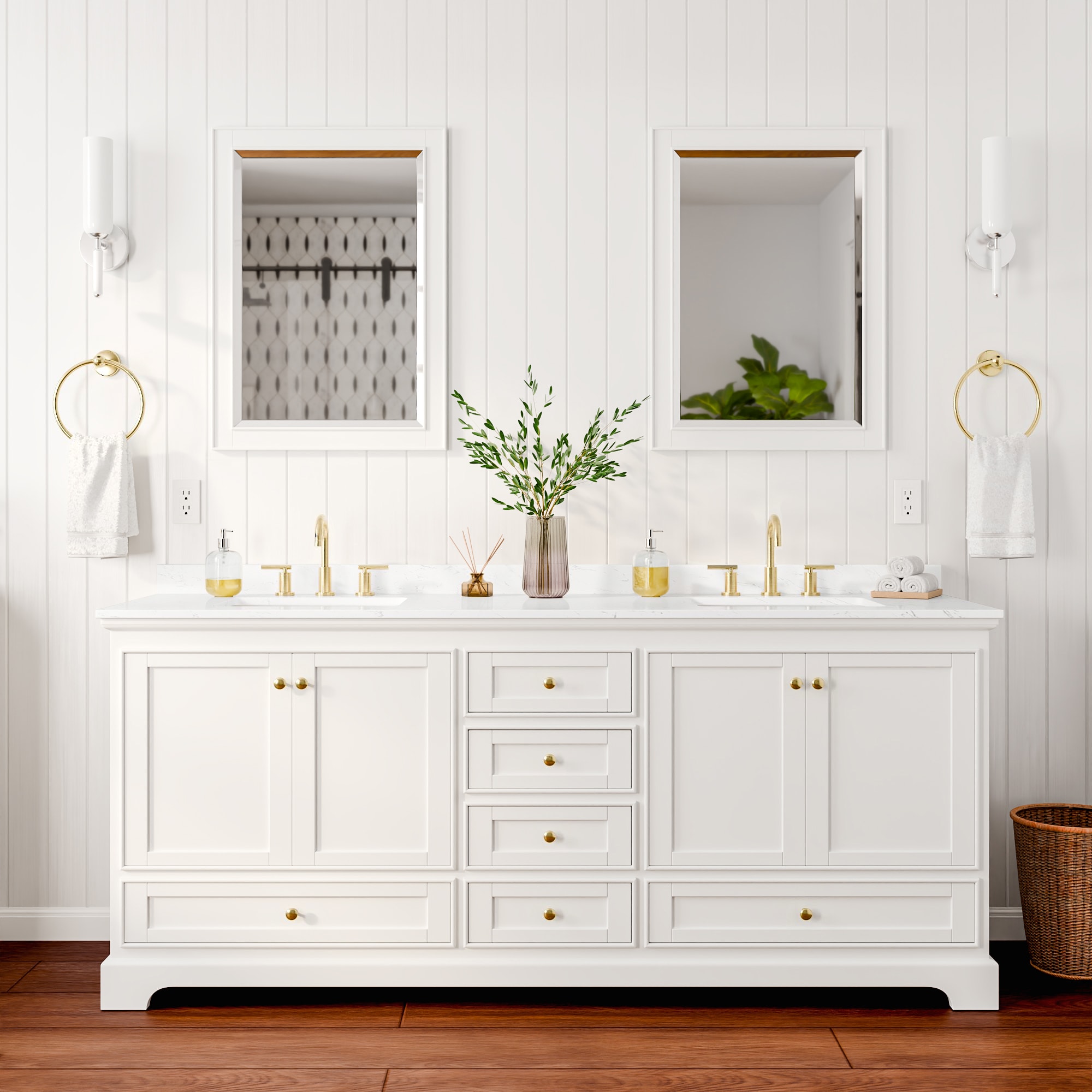 Wyndham Collection - Deborah 80-in White with Brushed Gold Trim Undermount Double Sink Bathroom V...