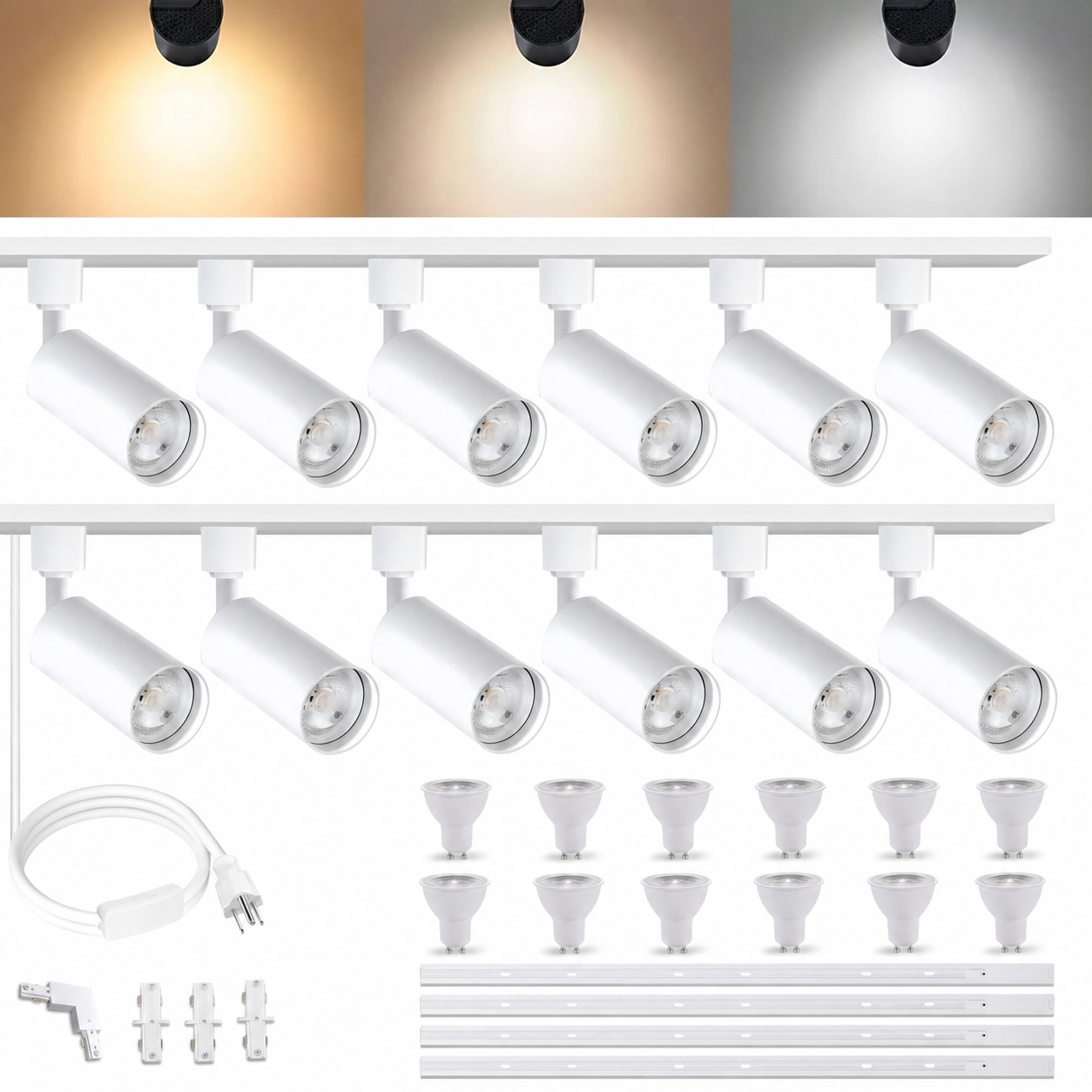 Vrbgify  12 Light Dimmable GU10 Track Lighting Kit 3CCT Selectable White 10W LED Plug In with 4 Piece H Type Rails Adjustable Heads for Home