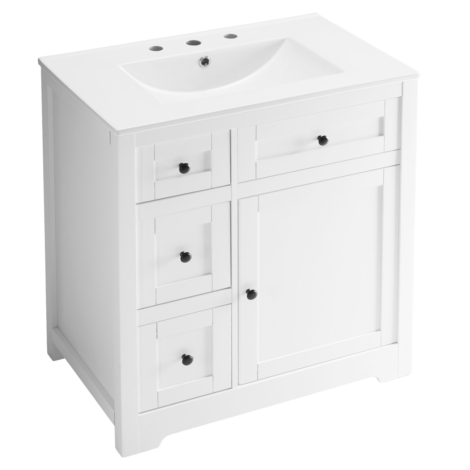 Sweetcrispy - 30-inch Single Sink Bathroom Vanity with White Cultured Ceramic Top 1 Door 4 Drawers