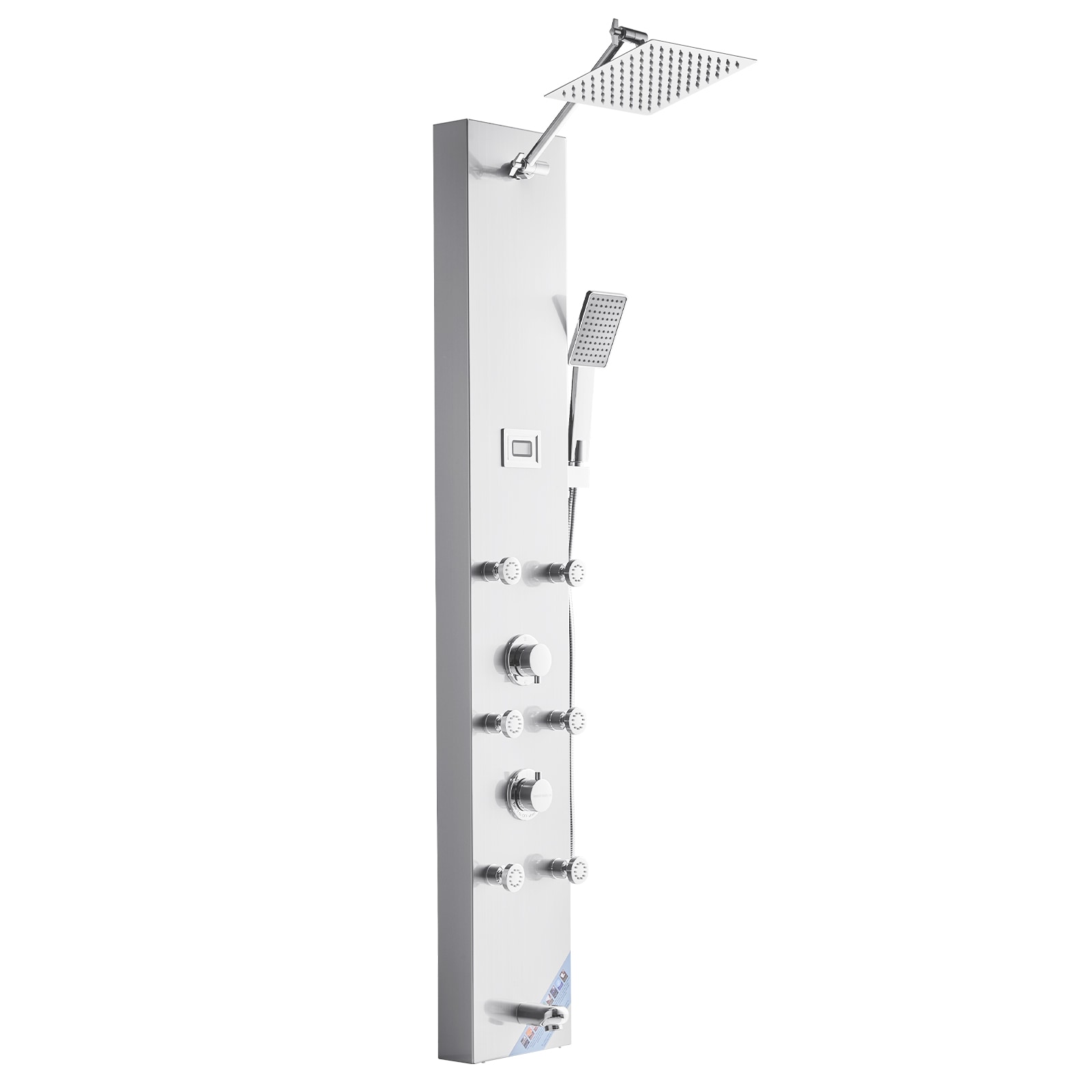 GIVIMO Brushed Stainless Steel Shower Panel Tower System with Brass Mixing Valve (Valve Included) 49-in Wall-Mount 304 Stainless Steel Column 4 Water Outlets 6 Adjustable Body Jets Rainfall Head Handheld Sprayer Tub Spout and LCD Temperature Display