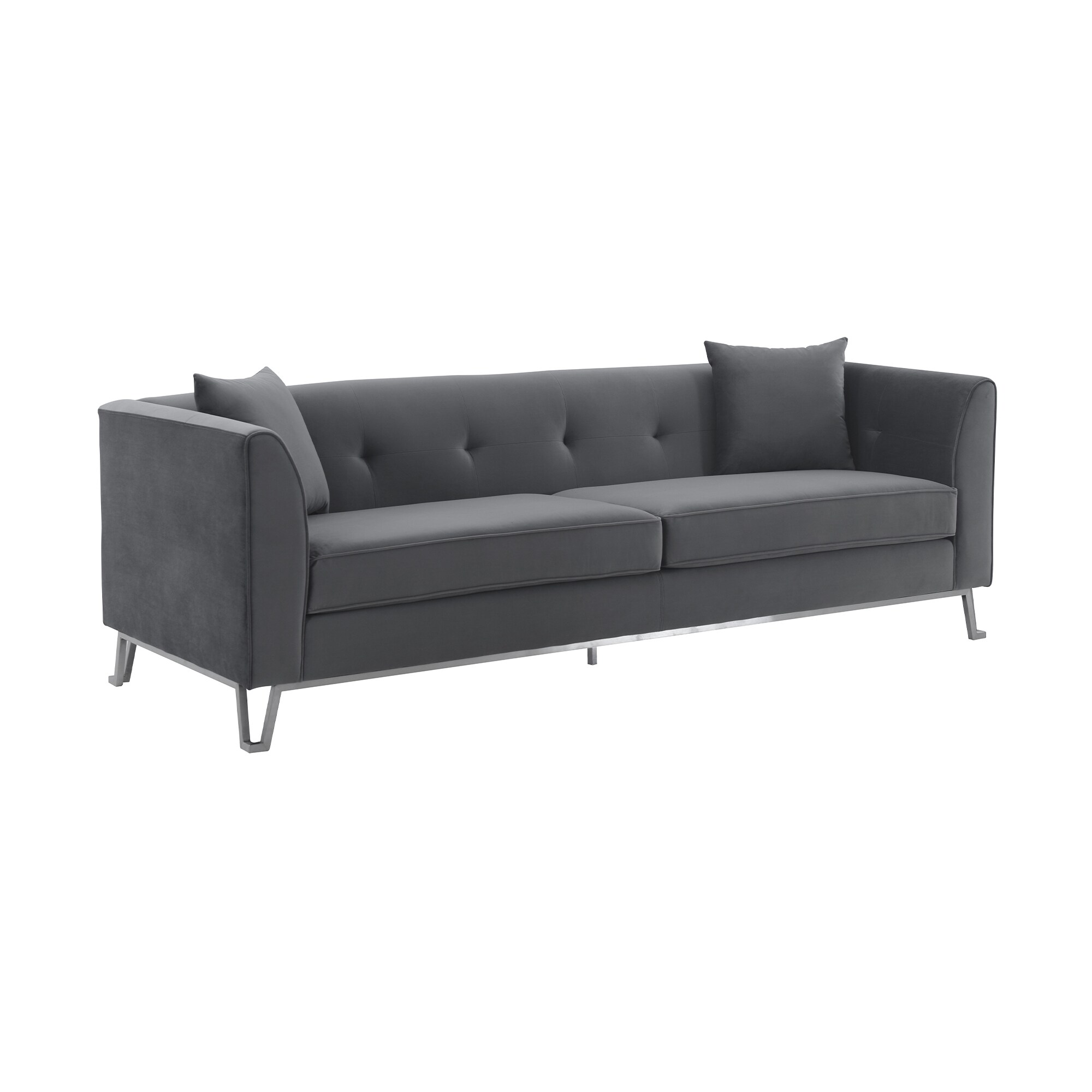 Elegant 90" Gray Leather Tufted Sofa with Wooden Accents