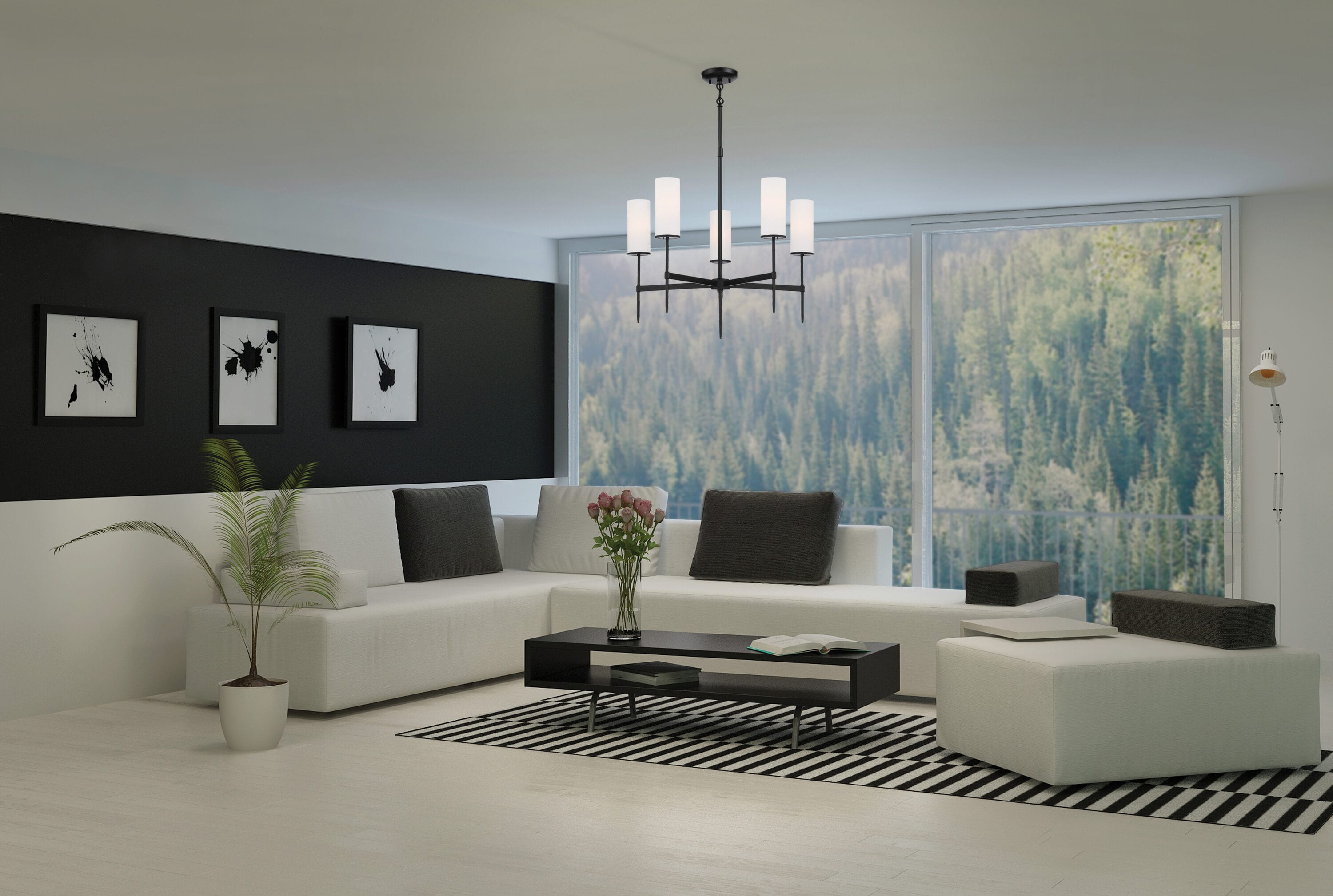 Coal Black Etched White Glass 5-Light Transitional Chandelier