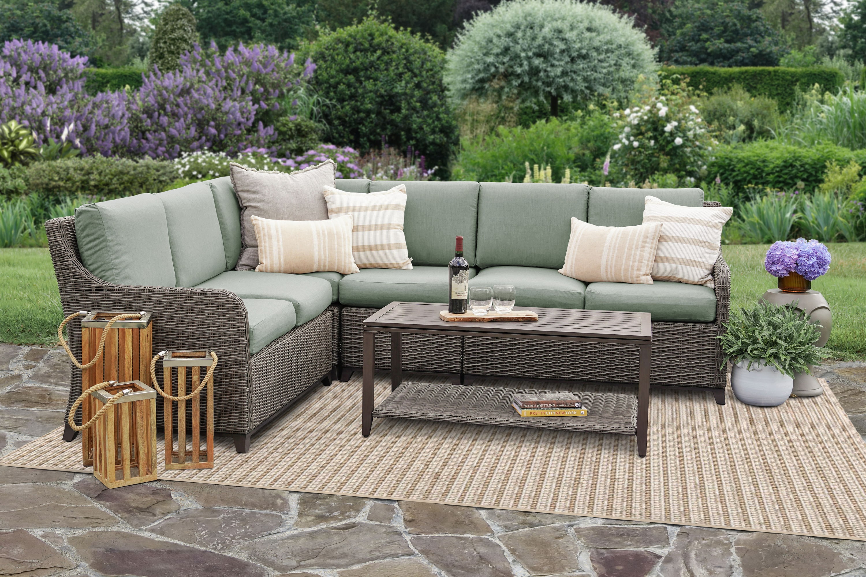 Leisure Made Mitchell Woven Outdoor Sectional with Green Cushion(S) and ...