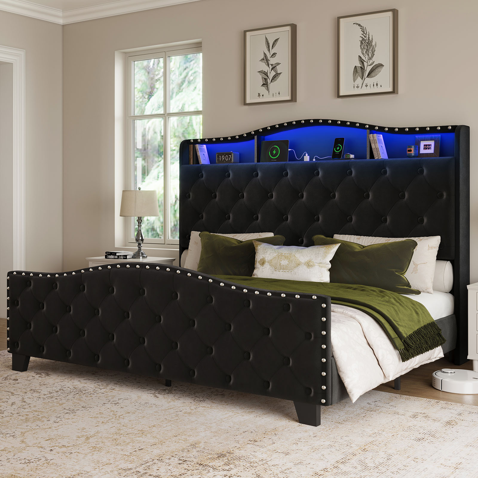 Belffin E08-A01020H Upholstered Bed Frame Queen - Tufted Headboard with LED Lighting and Outlet (Black)