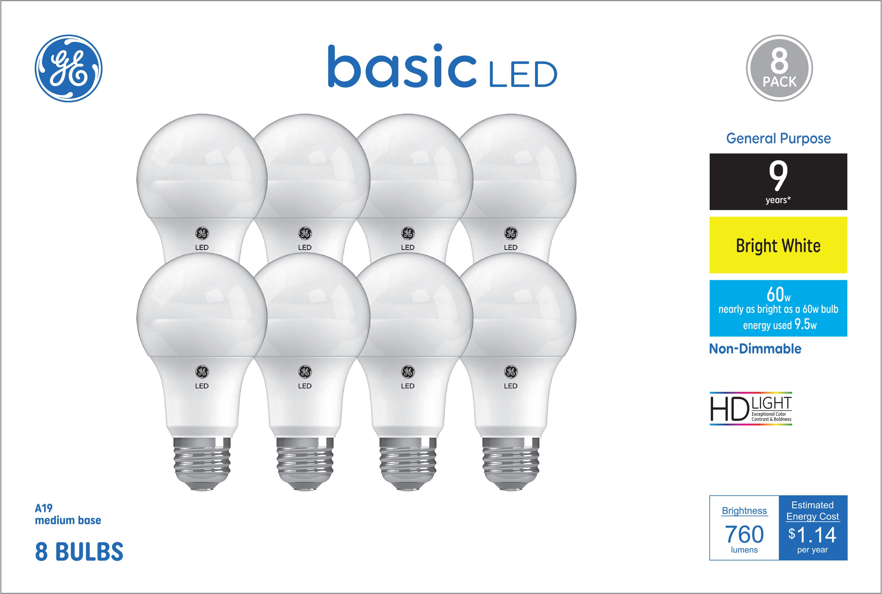 GE 93131029 Basic LED 60 -Watt EQ A19 Bright white Medium base (E-26) LED General purpose Light Bulb 8 -Pack
