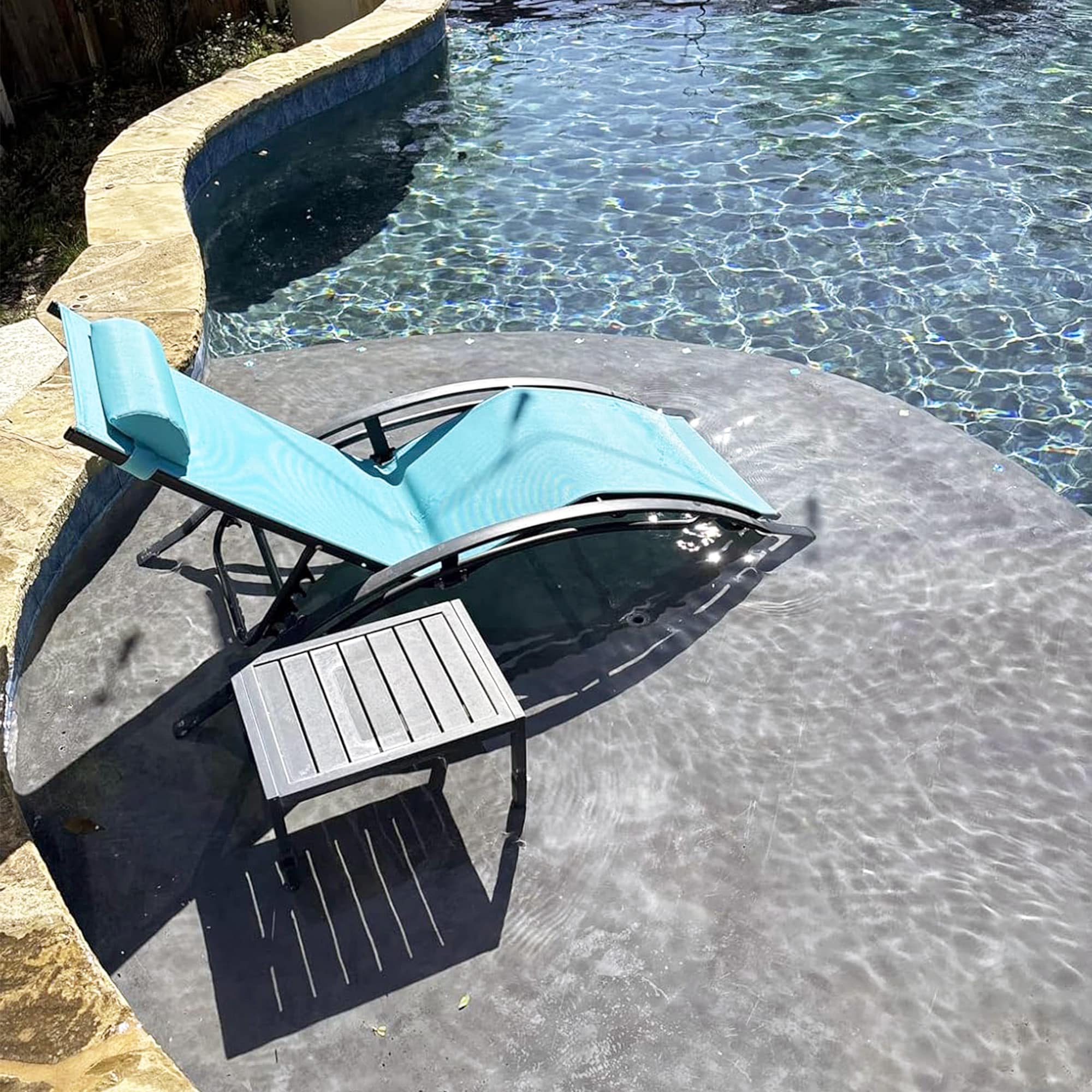 PURPLE LEAF LSMCLS01-BL-1 Streamlined Stackable Adjustable Chaise lounge With Table Set of 2 Stackable Standard Aluminum Frame Stationary Chaise Lounge Chair with Blue Mesh Seat