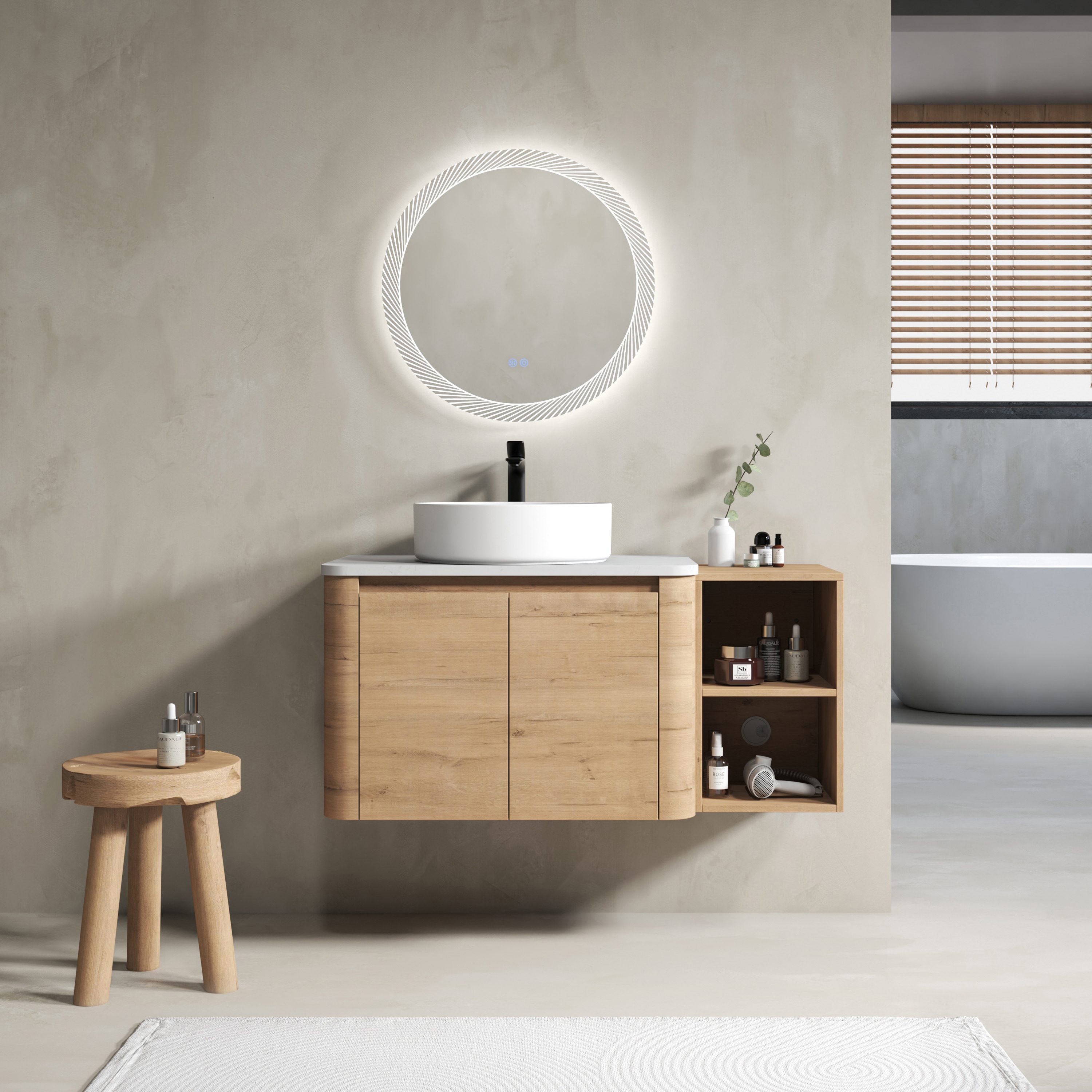 GLANZEND  18.56-in D x 41.31-in W x 24.4-in H Bathroom Vanity Plywood Imitative Oak Ceramic Art Sink Wall-Mounted Soft Close Storage Shelves Karala White Stone Slab
