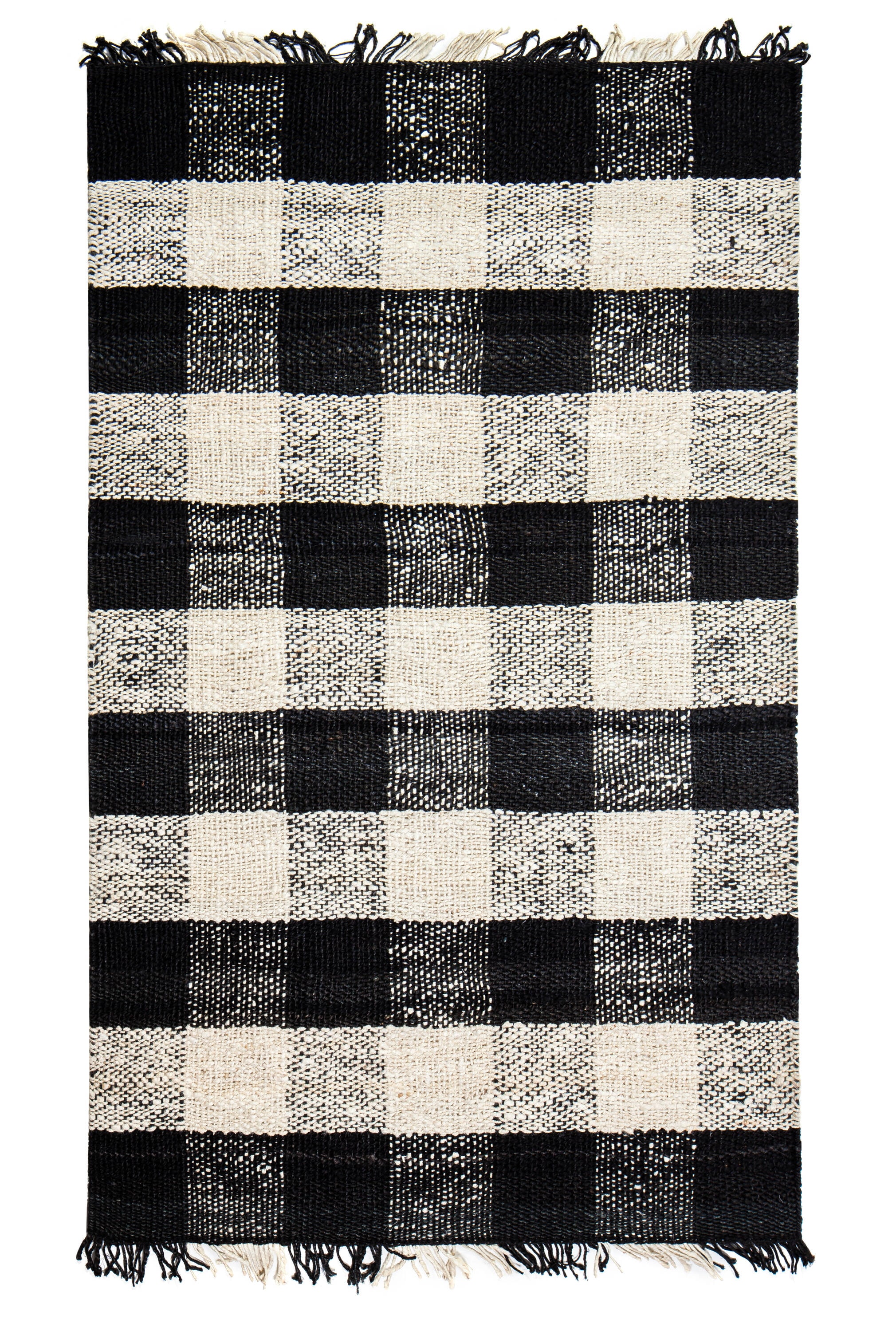 Handmade Black and Ivory Wool 8' x 10' Plaid Rug