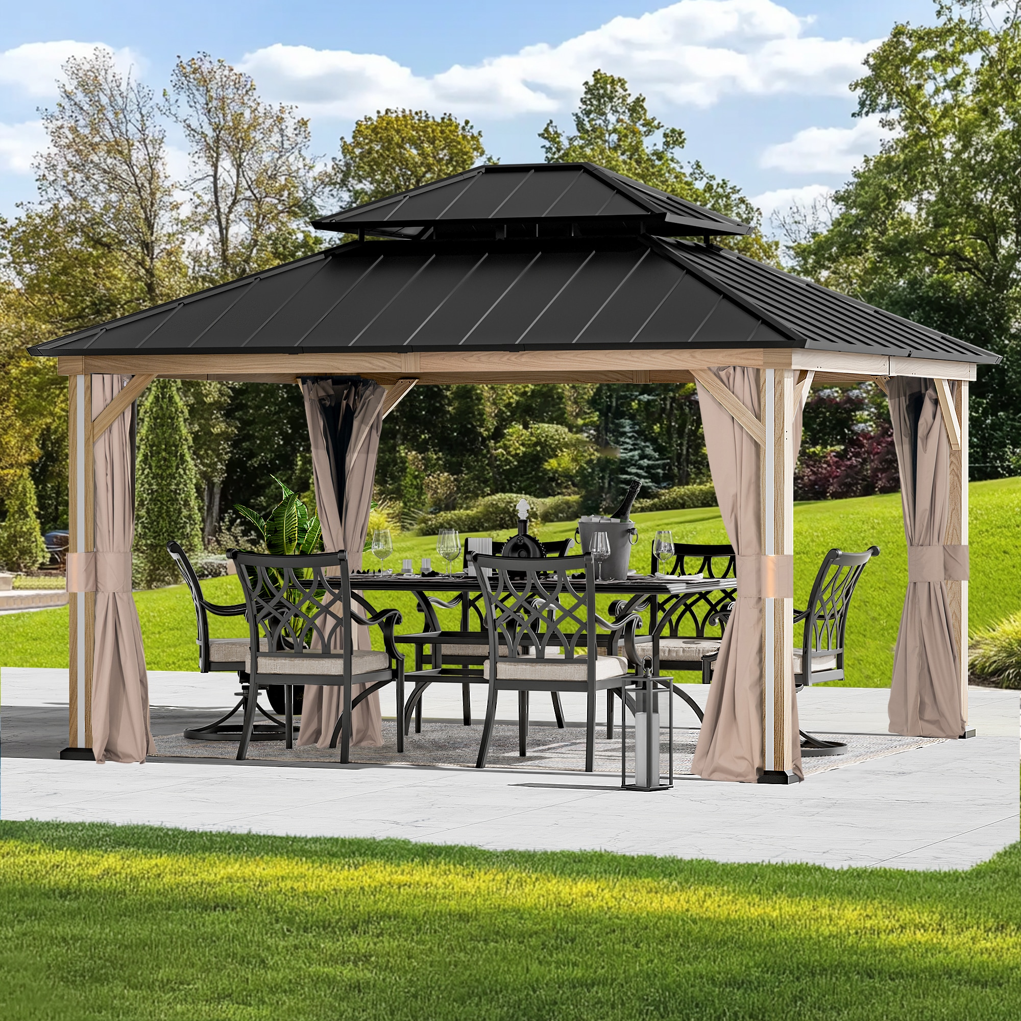 ELEVATE OUTDOORS IG10600042-1214 WBR 14-ft x 12-ft Verda Brown Gazebo with Hardtop Roof (Screen Included)