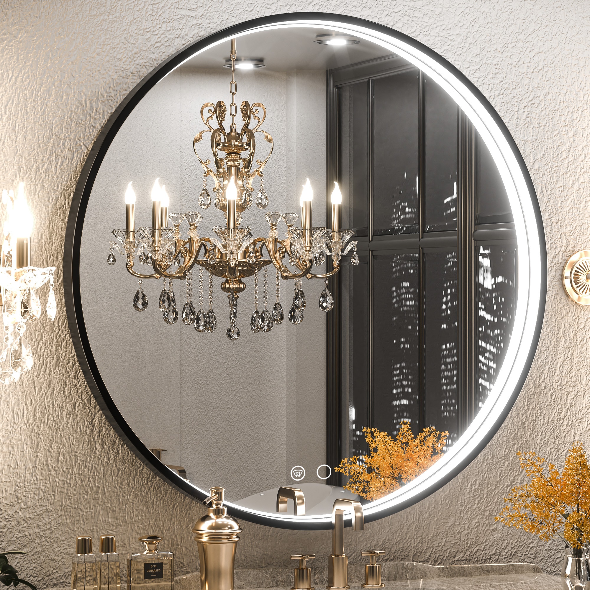 Keonjinn LW-JZ-CGSSW-MR81-BK 32-in x 32-in Framed Round Dimmable LED Lighted Fog Free Bathroom Vanity Mirror ( Matte Black )