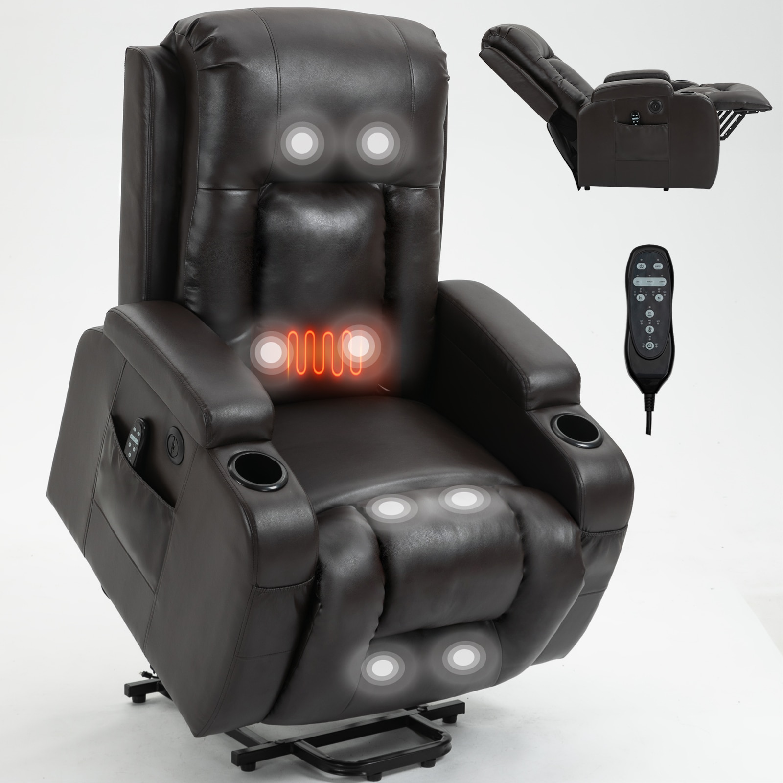 Tatayosi RY-03S00057 Brown Power Lift Recliner Chair with Massage Heat USB Port and Cup Holders Heavy Duty 350 lbs Capacity High Back Recliner for Elderly
