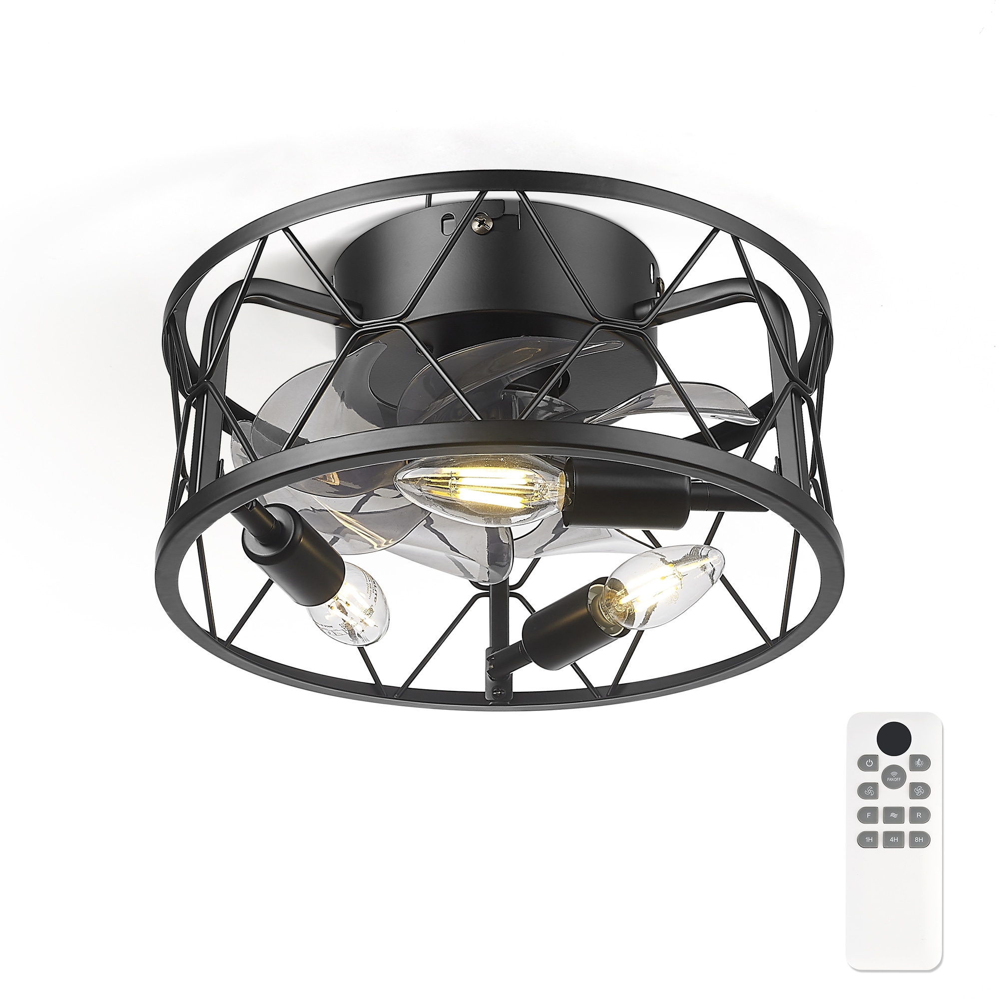 LTMATE LSLT-CF05BK JAZAVA 12-in Flush Mount Black with matte black Blades Cage Ceiling Fan With Light - Remote Included ( 5 -Blade )