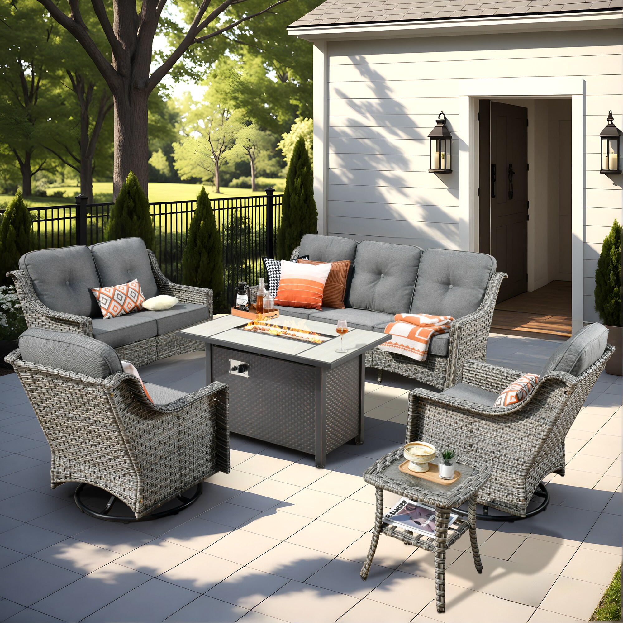 Pouuin SCFPAD206 6 -Piece Wicker Patio Sofa Conversation Set with Dark Gray Cushions