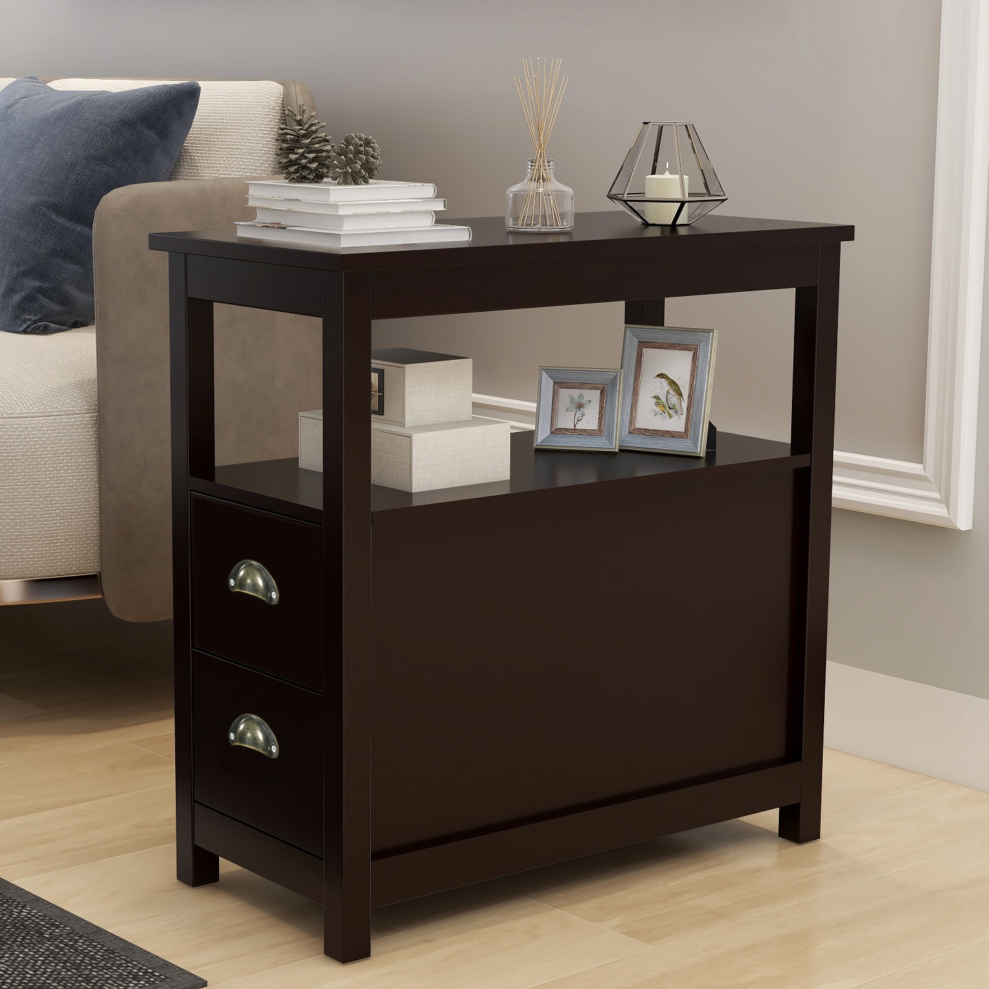 Dexmalle W28206526 Narrow End Table With Two Drawers And Open Shelf-Brown