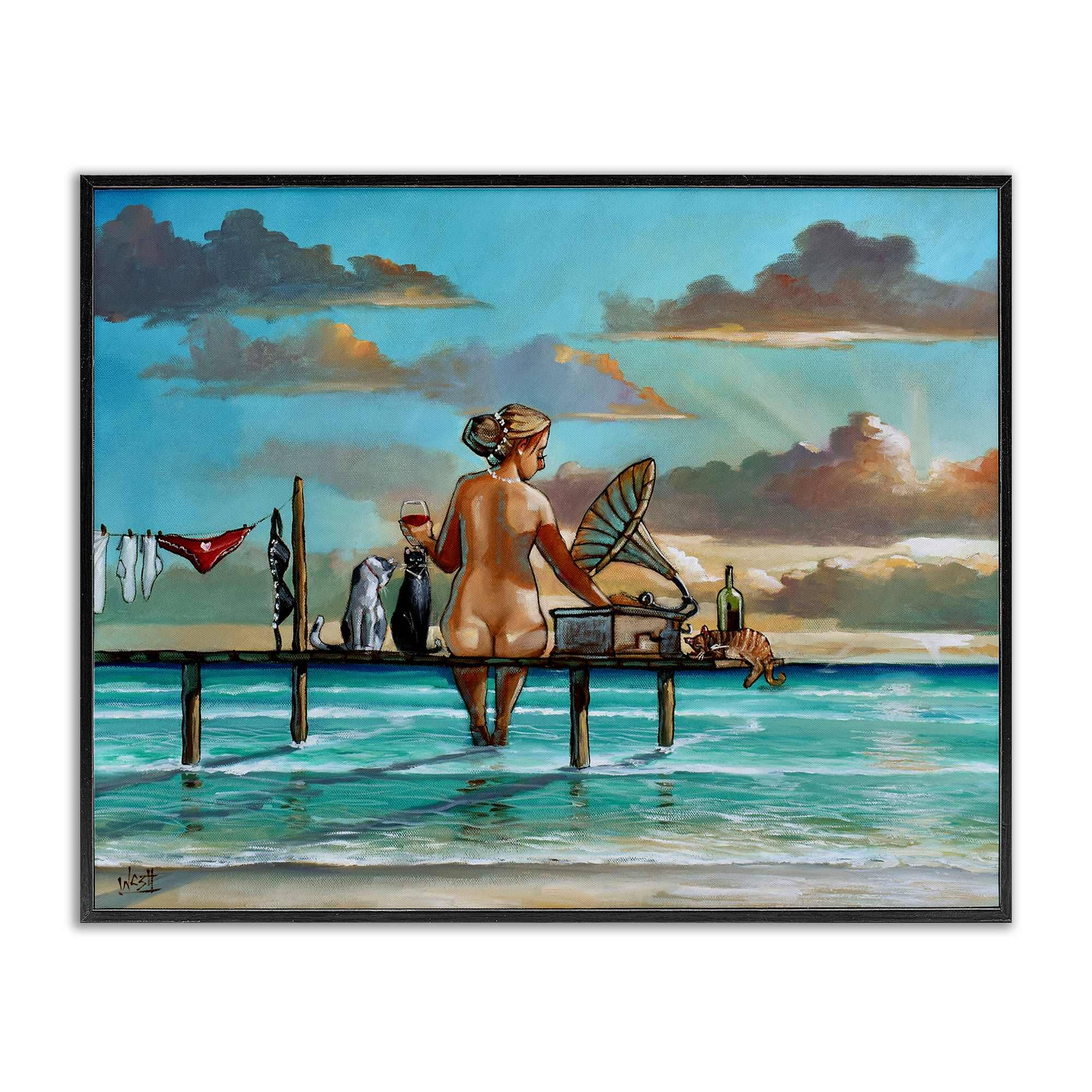 Stupell Industries BS-770-FR-16X20 Woman and Cats Beach Sunset Black Framed Giclee Art By Ronald West 20 x 16