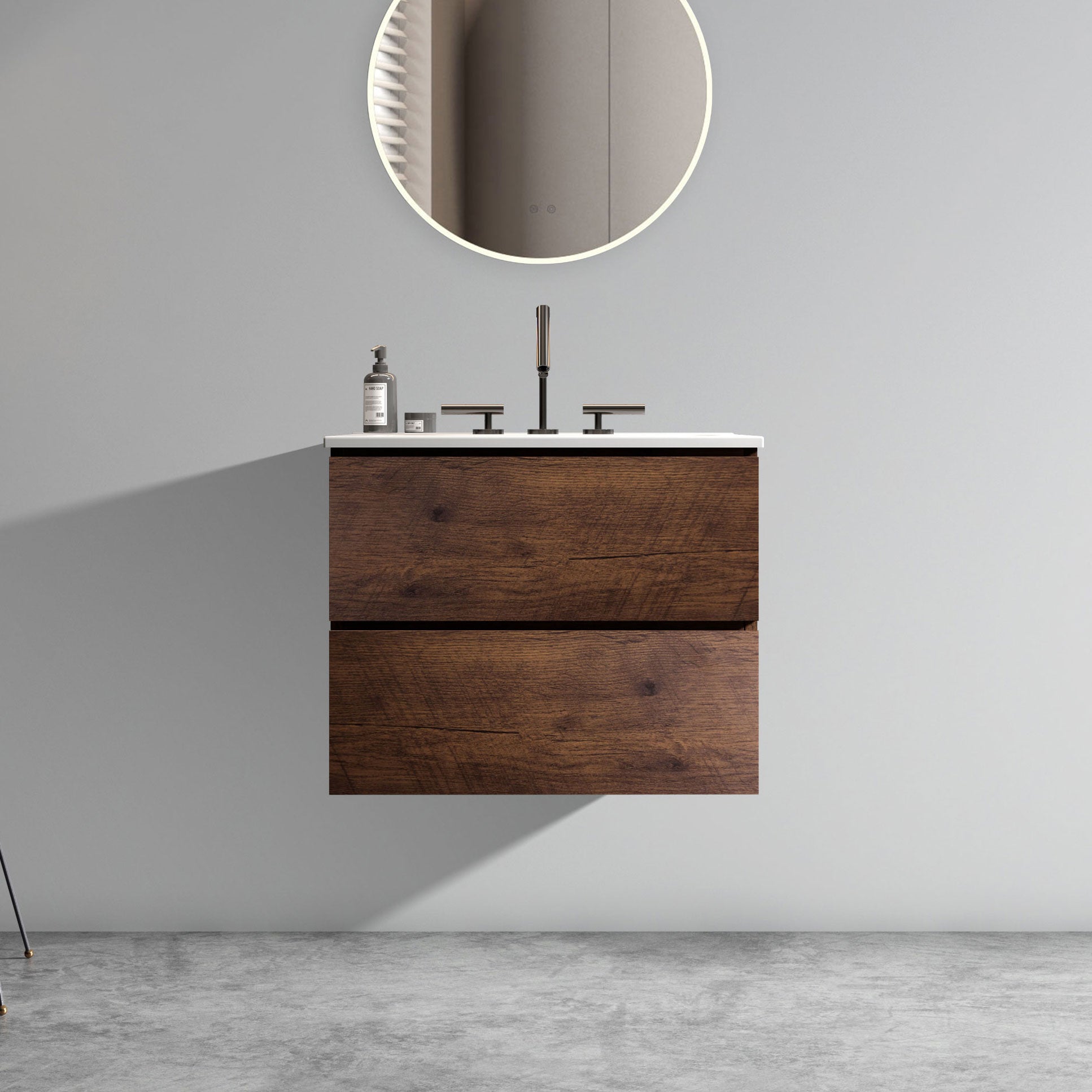 Boyel Living BL-AH-00048 24 Inch Walnut Bathroom Vanity with Ceramic Sink Three Faucet Holes Large Storage Floating One Piece Basin Pre Assembled
