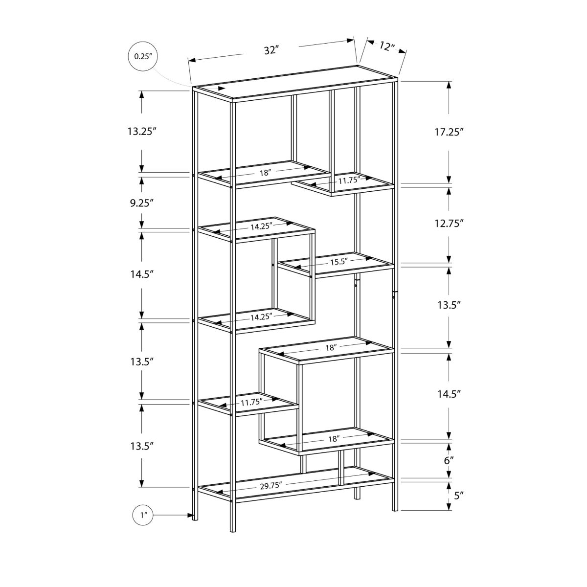 Modern 72" White Metal and Tempered Glass Bookcase with 9 Shelves