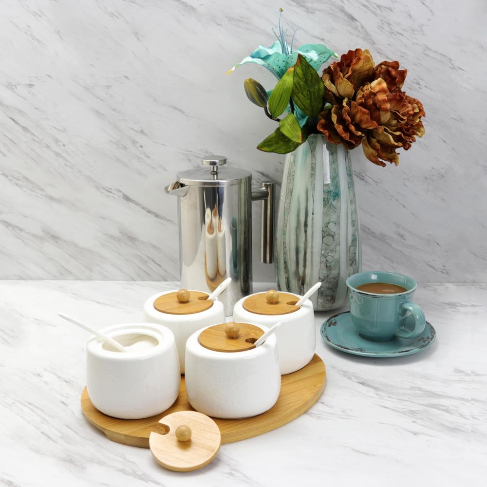 3 Porcelain Jars Spice Condiment Jar Spice Container Set With Wooden Lid,  Spoon and Tray. Marble Design 