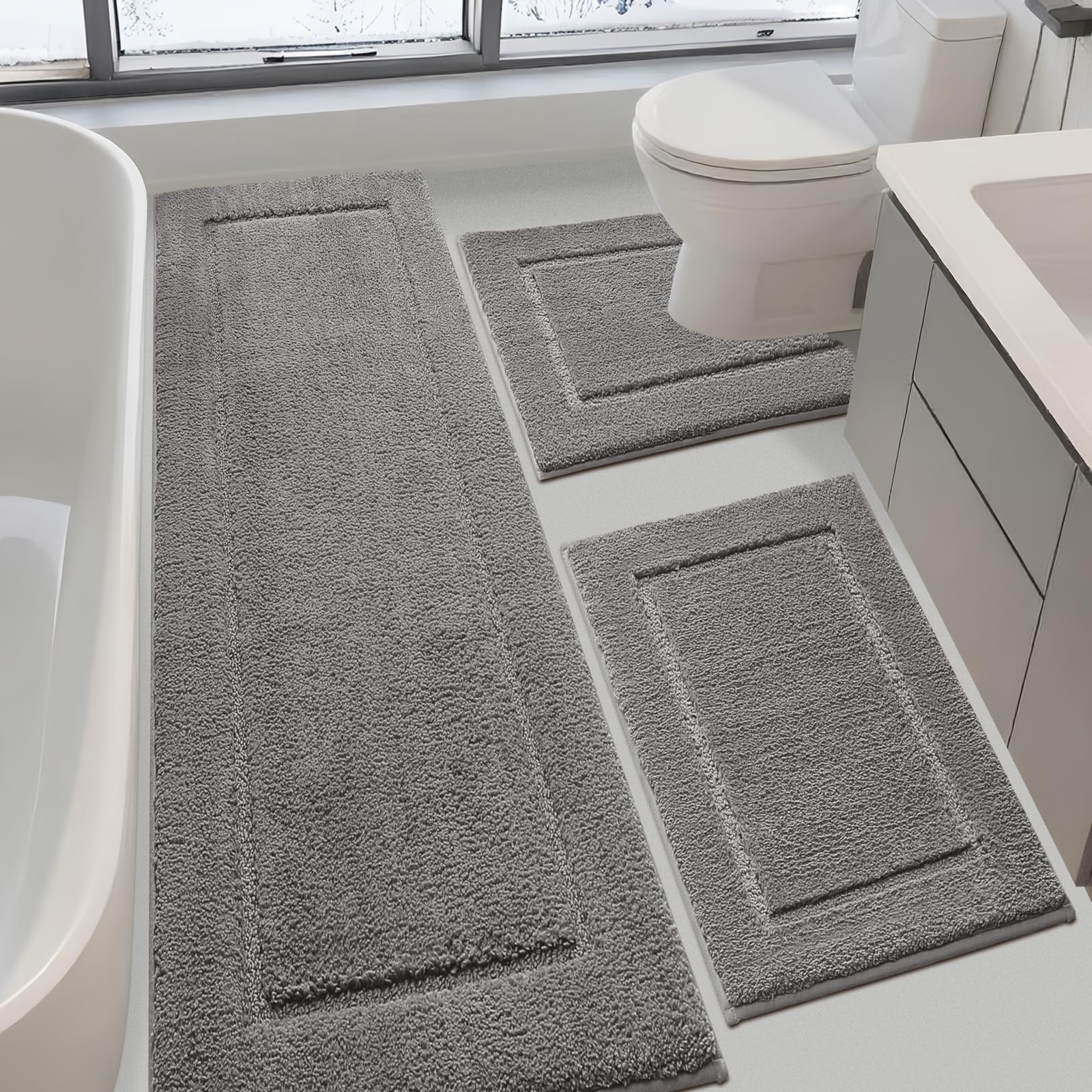 OMOMMD Charcoal Gray Bathroom Rugs Sets 3 Piece Ultra Soft Thick Plush Fluffy Microfiber Absorbent Bath Mat Non-slip Backing Machine Washable Mats For Floor Tub Toilet Shower