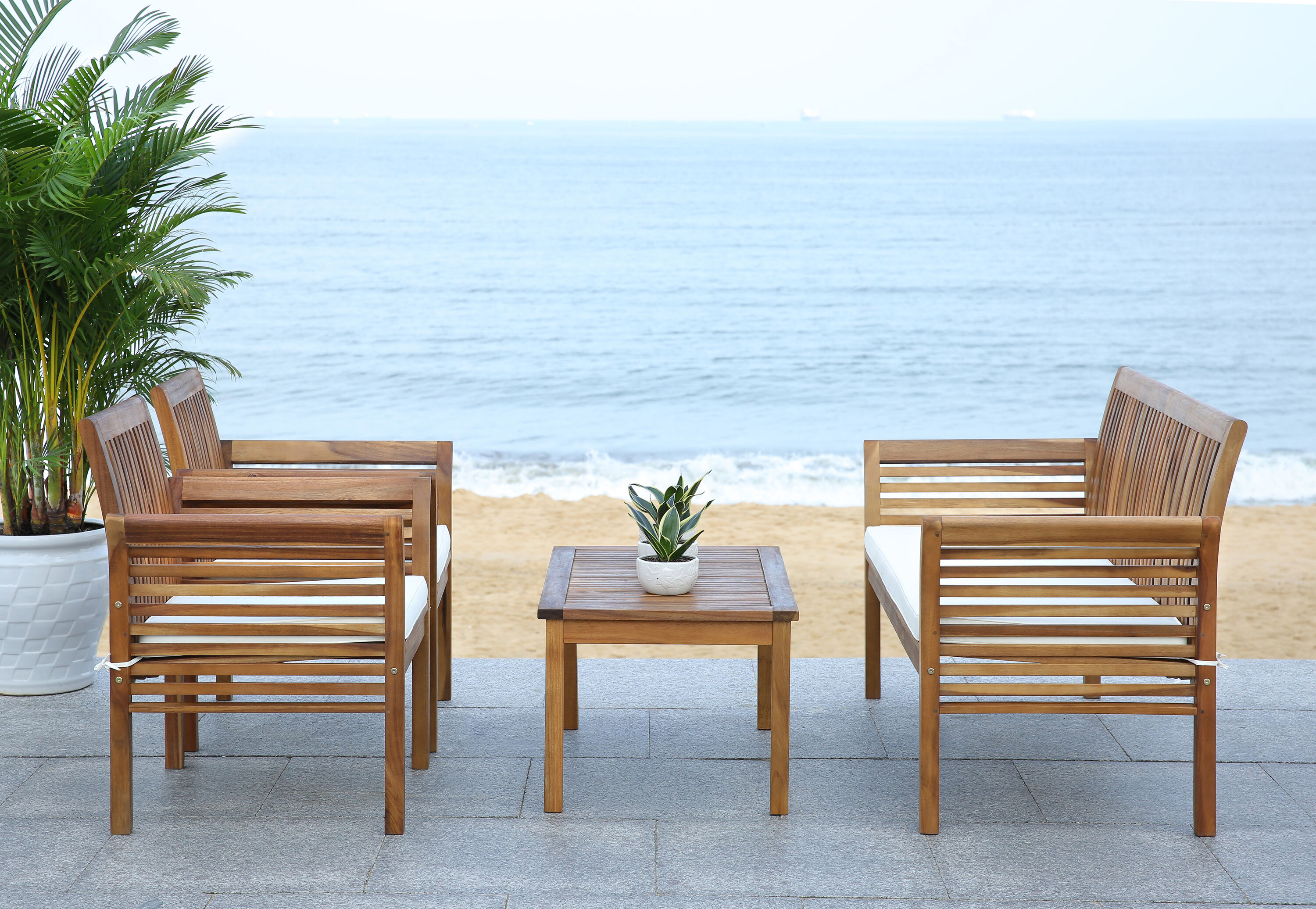 Transitional Acacia Wood 4-Person Outdoor Patio Set in Natural Beige
