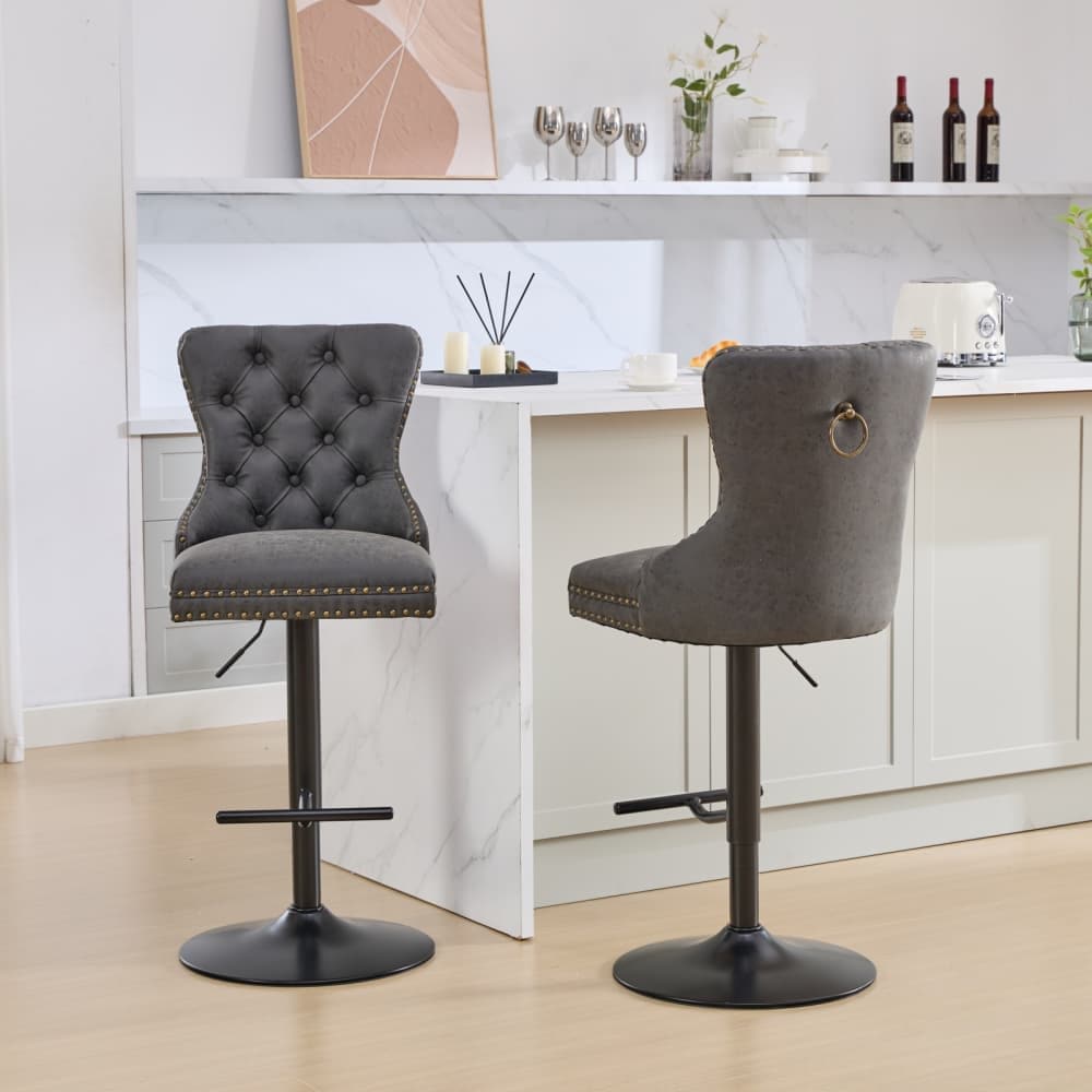 Maison Boucle LIOR-BAR-BLACK Set of 2 Black PU Swivel Bar Stools with Tufted Back 27.1-35 Inch Adjustable Height Bar Stools