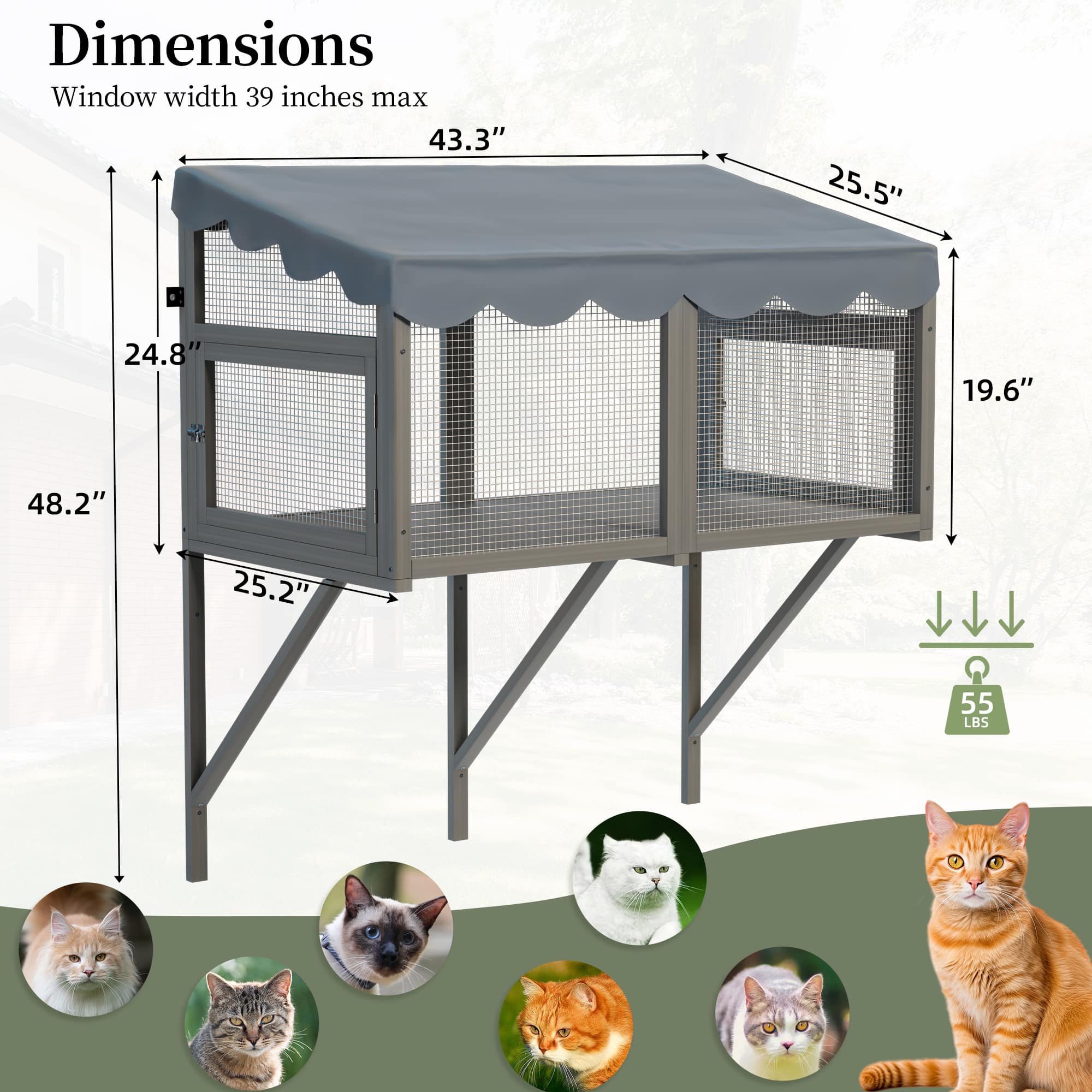 Vynxaria Gray Cat Catio Window Box 43 inch Solid Wood Frame
