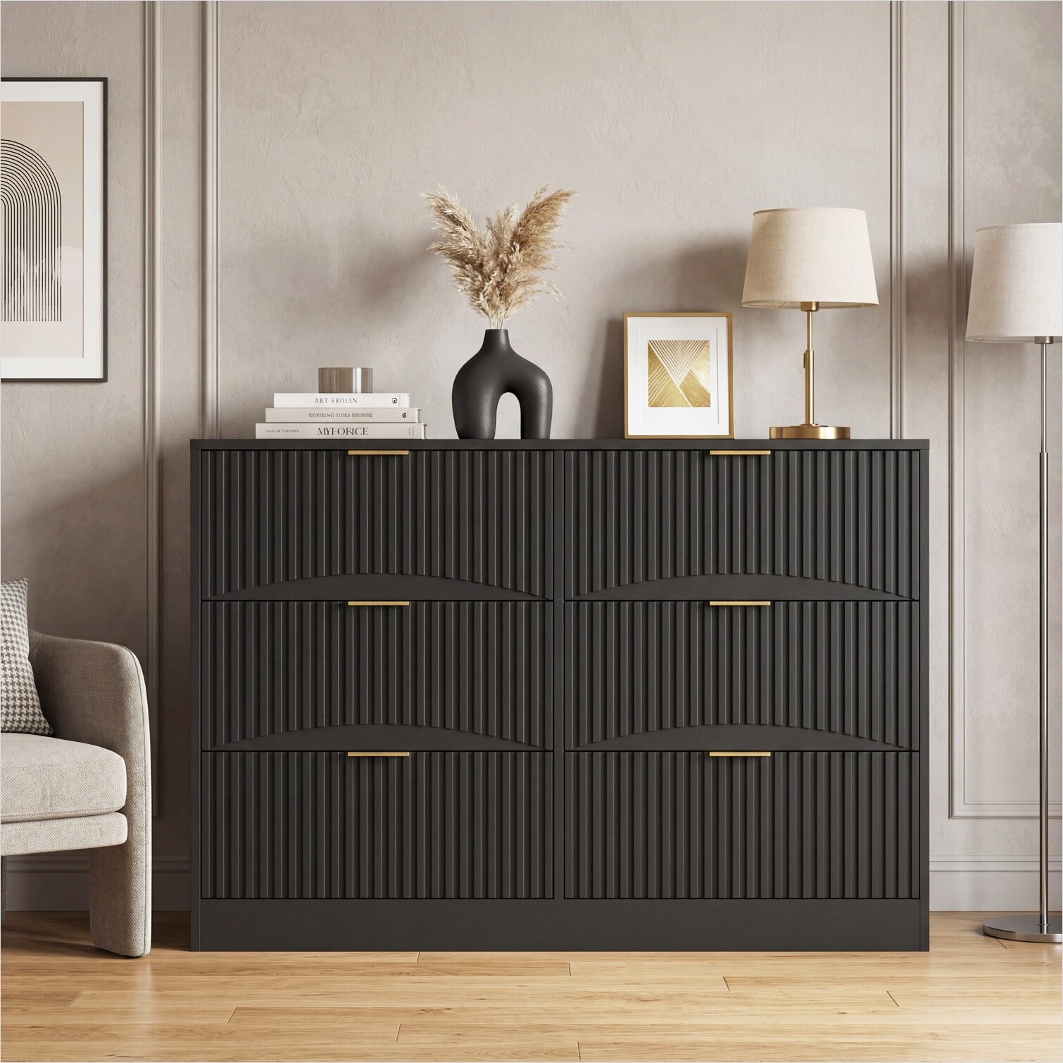 matte black dresser SunJet 6-Drawer Modern Wavy in Particle Board 47.2 W for Bedroom and Hallway Storage Dresser comes flat