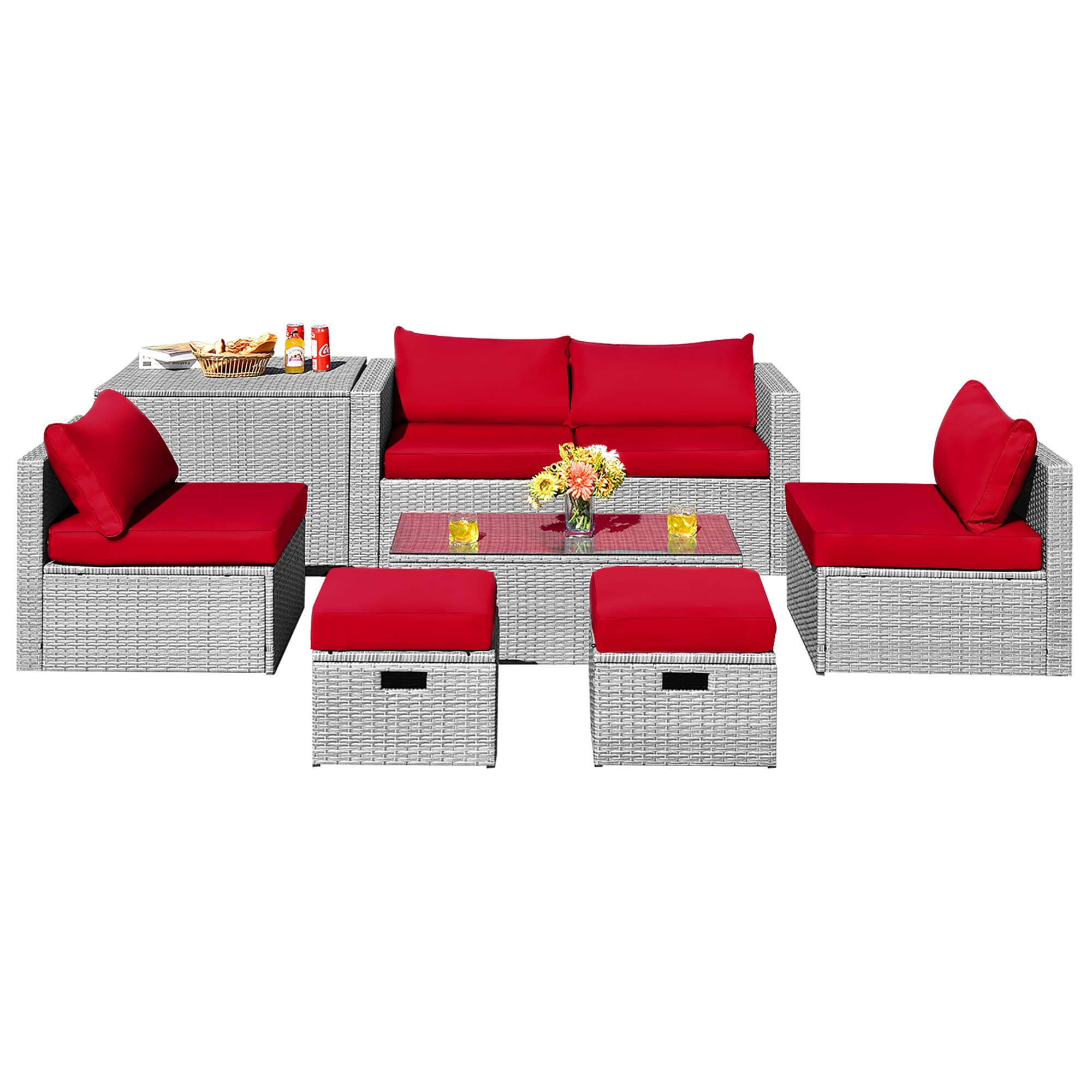 Costway HW68604RE+ 8 -Piece Rattan 2 Patio Sofa Conversation Set with Red Cushions