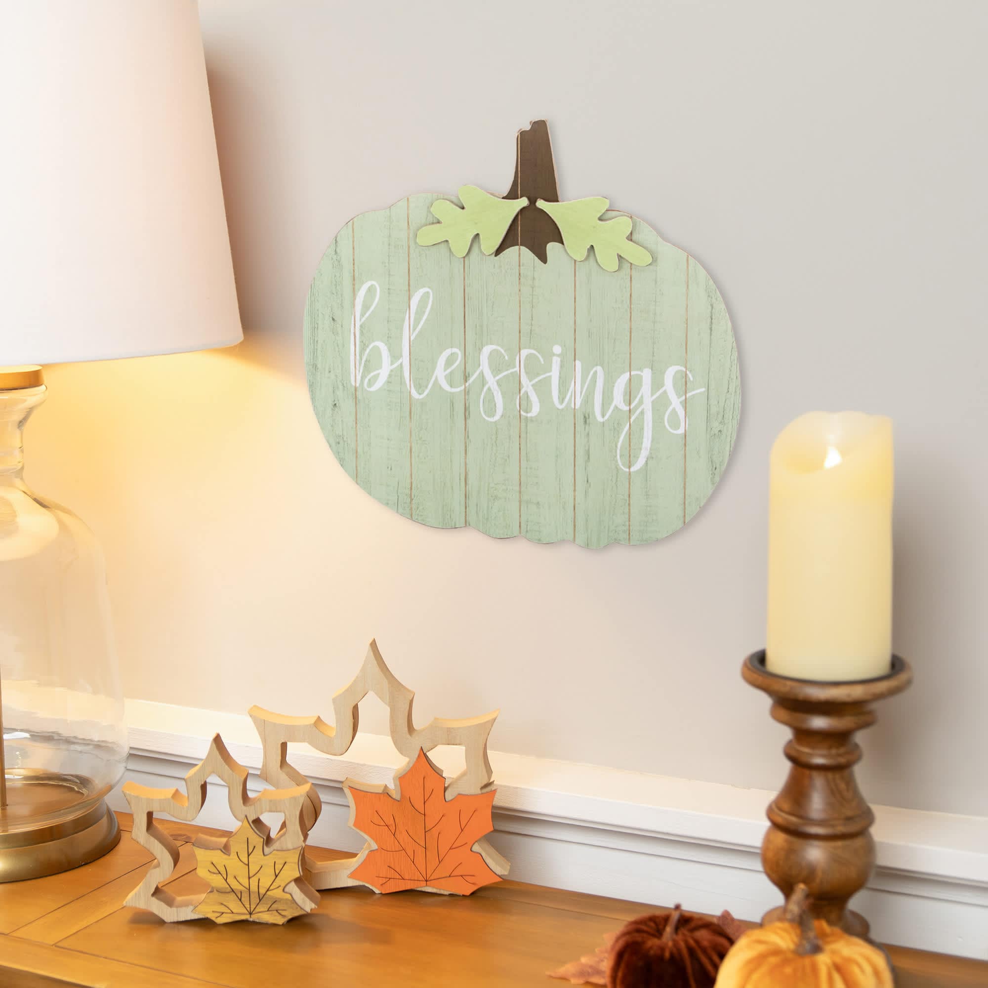 Northlight 20 inch Green and Brown Blessings Pumpkin Wooden Thanksgiving Hanging Wall Sign