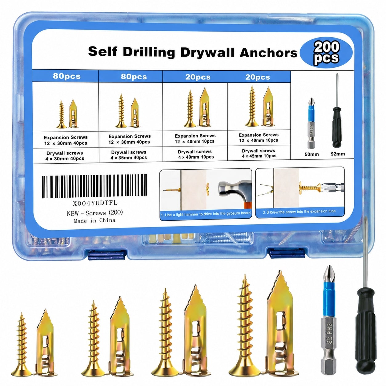 Anqtovp  200pcs Self Drilling Drywall Anchors with Screws Kit Heavy Duty Metal Expansion Bolts for Drywall Sheetrock Walls with Zinc Plated Steel