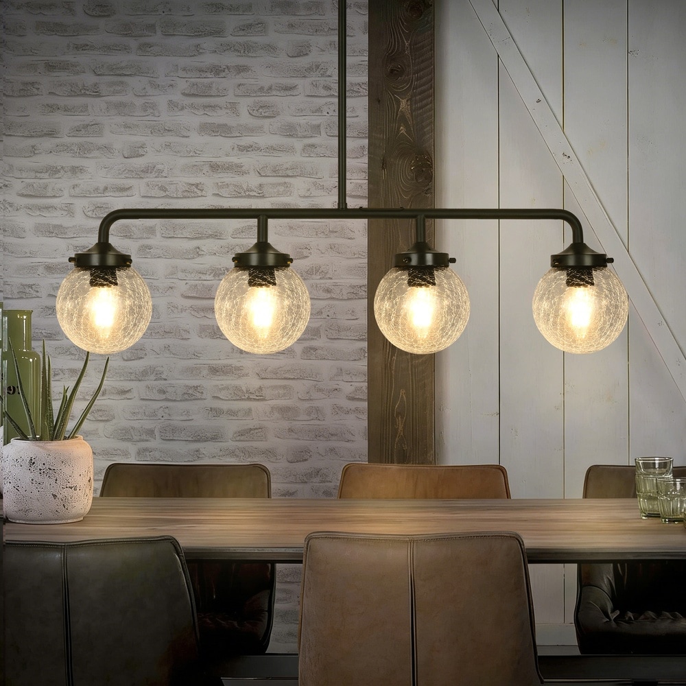 Henveton Kinlea 33 in. 4-Light Farmhouse Chandelier Modern Black Metal Linear Ceiling Light with Clear Glass Globe Shades for Dining Room