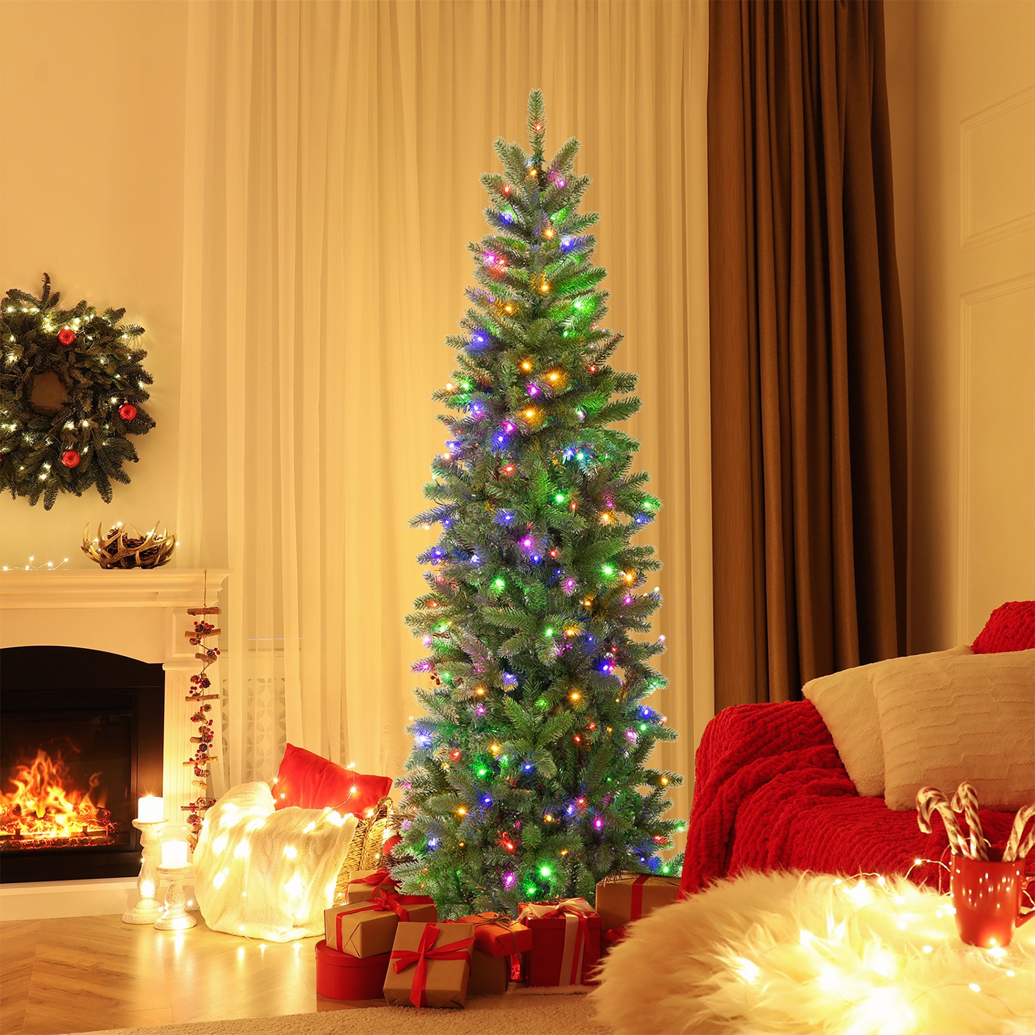 WELLFOR 6 Pre-lit Slim Artificial Christmas Tree with Multicolor LED ...