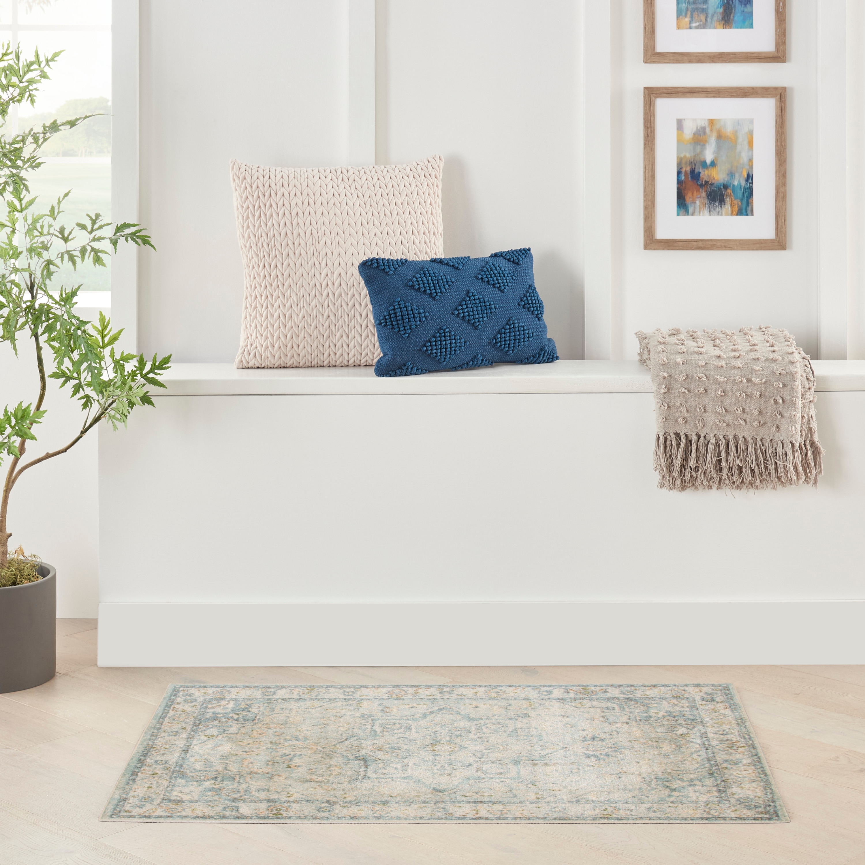 Nourison Home 099446944757 Astra Machine Washable 2 x 4 (ft) Loomed Polyester Light Blue Rectangular Indoor Medallion Vintage Machine washable Area rug