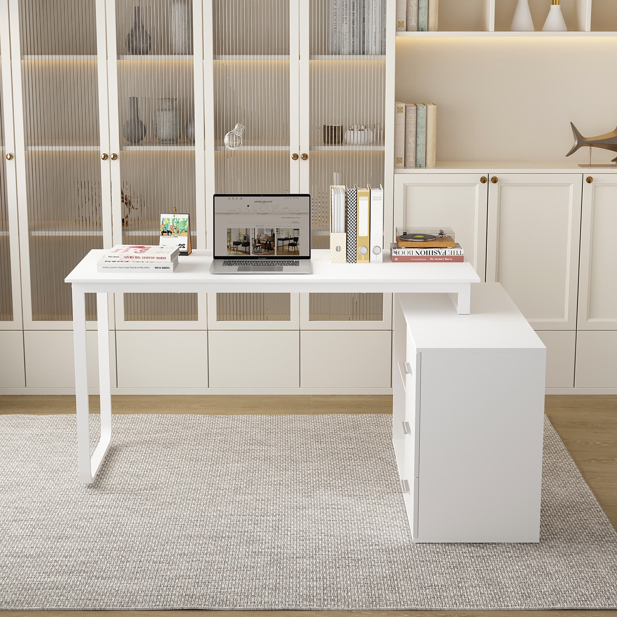 FUFU&GAGA KF210290-02 55.1-in White Modern/Contemporary Executive desk Hutch Included