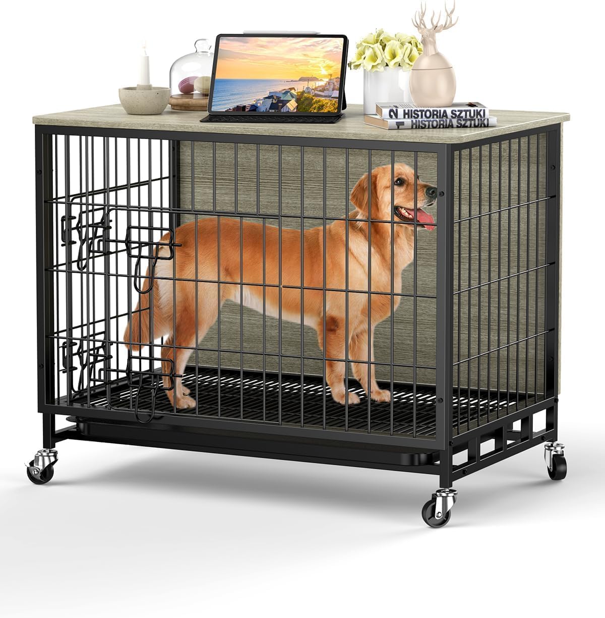 Qeetex LHF-GLG-W6I239 Dog Crate Furniture 32 Inch Dog Kennel End Table Wooden Dog Cage with Wheels and Double Doors Dog Crate Indoor Dog House for Large Medium Dogs Rustic Grey