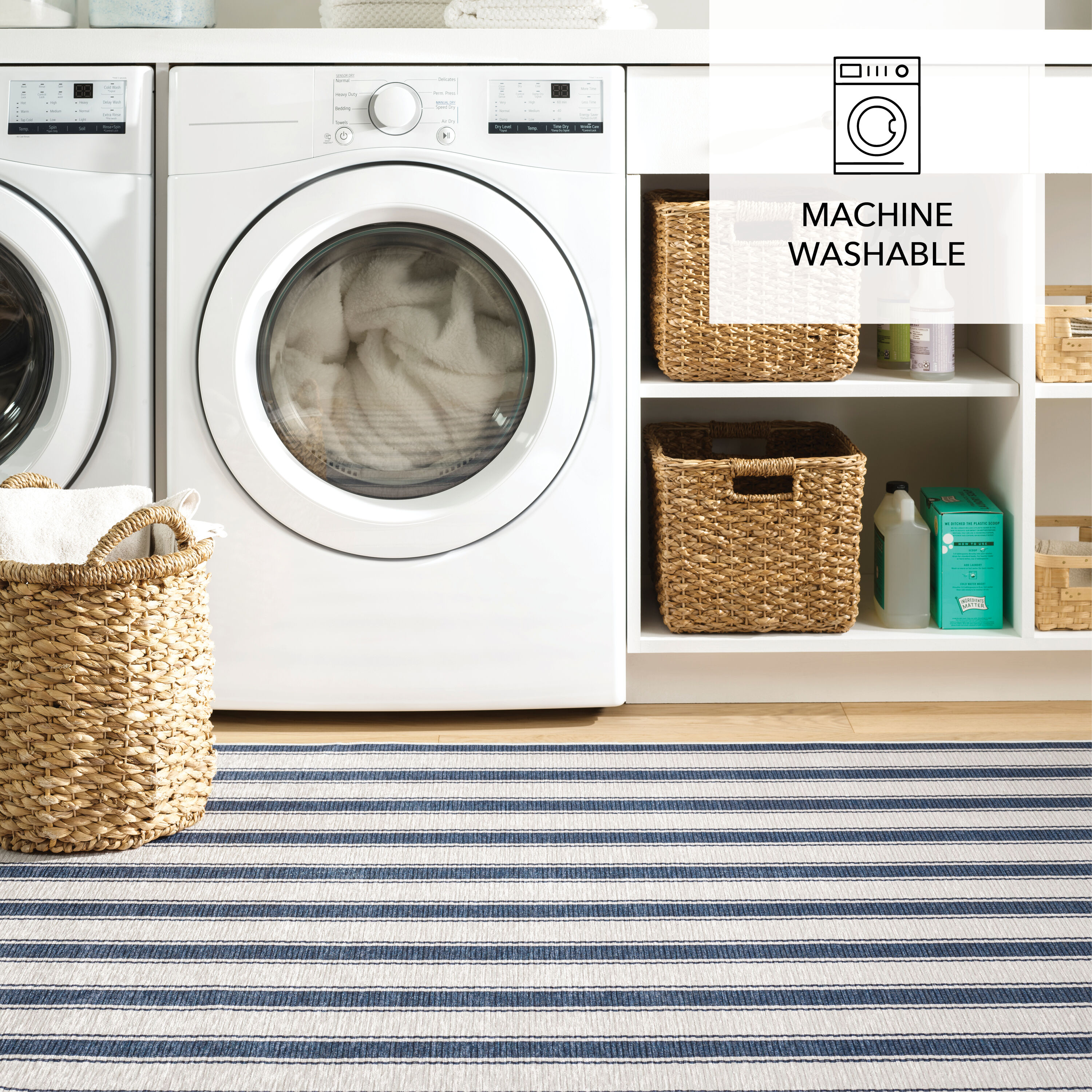 Blue and White Striped Washable Rectangular Rug 2' x 3'