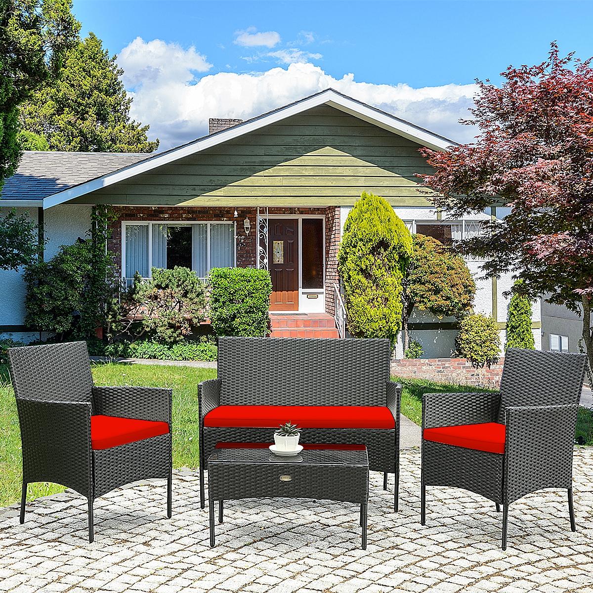BABOOM BOM-65357RE-CO 4 -Piece Rattan Patio Conversation Set with Red Cushions
