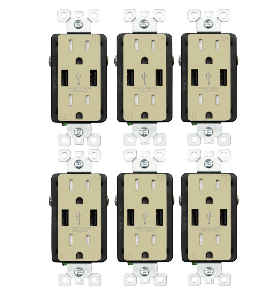 Utilitech R1815D50AA-IV6 15 -Amp 125-volt Tamper Resistant Residential Decorator USB outlet Dual Type A , Ivory 6 -Pack