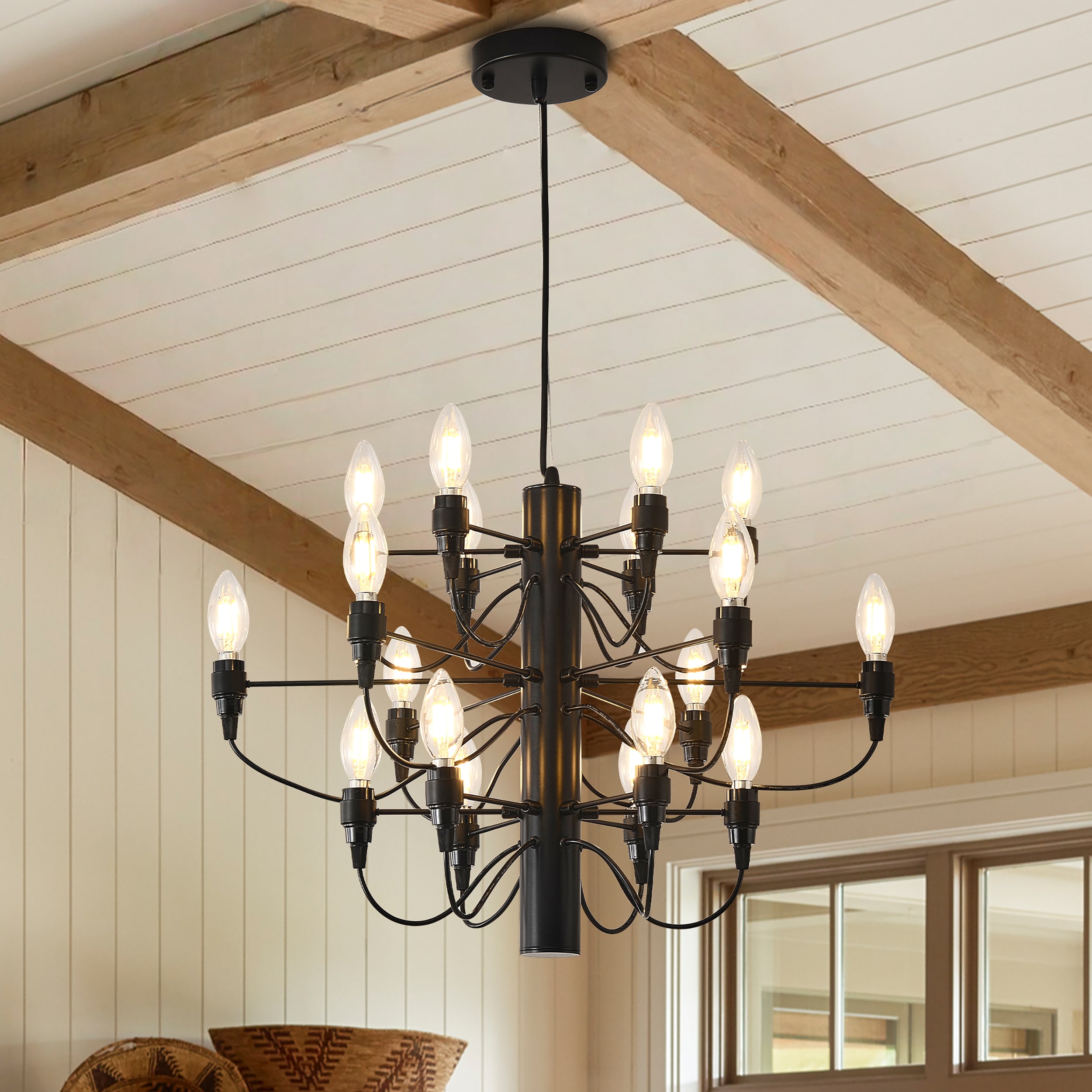 xersbav Black Farmhouse Chandelier Modern 18 Light 22in Candle Chandeliers Round Rustic High Ceiling Pendant Light for Dining Room Living Room Entryway Foyer