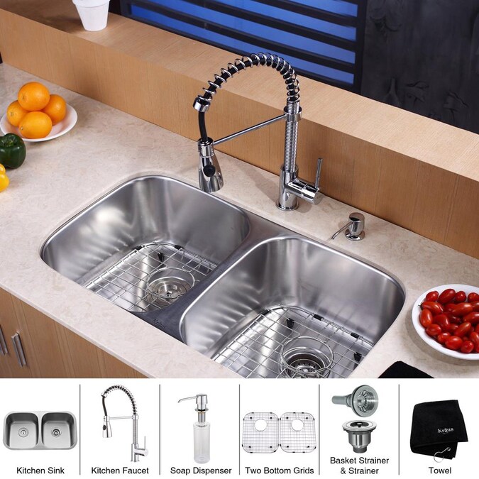 Kraus Premier Kitchen Undermount 32 25 In X 18 In Double Equal Bowl Kitchen Sink All In One Kit In The Kitchen Sinks Department At Lowes Com