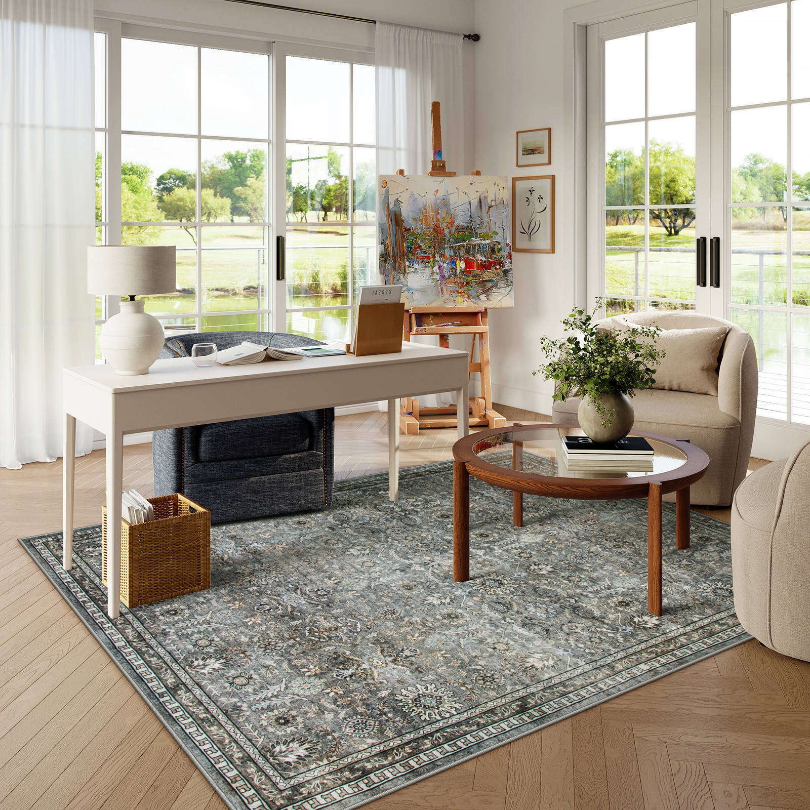 Lahome AR-DYR-252-BR1 5 x 7 (ft) Brown Vintage Full Coverage Floral Border Short Pile Velvet Rectangular Indoor Area Rug