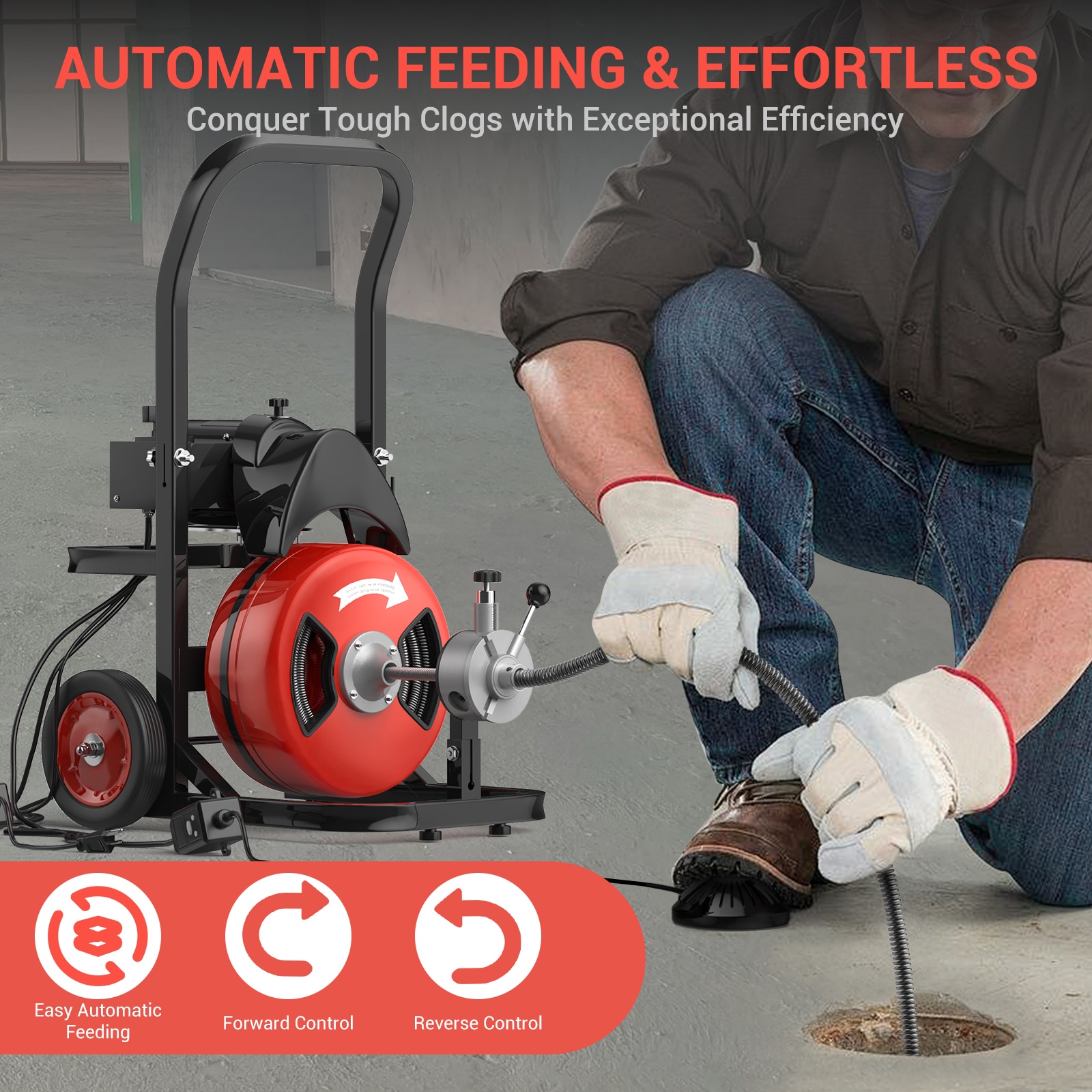 Garvee 75 FT x 1/2 Inch Electric Drain Cleaner Machine 450W Sewer Snake ...