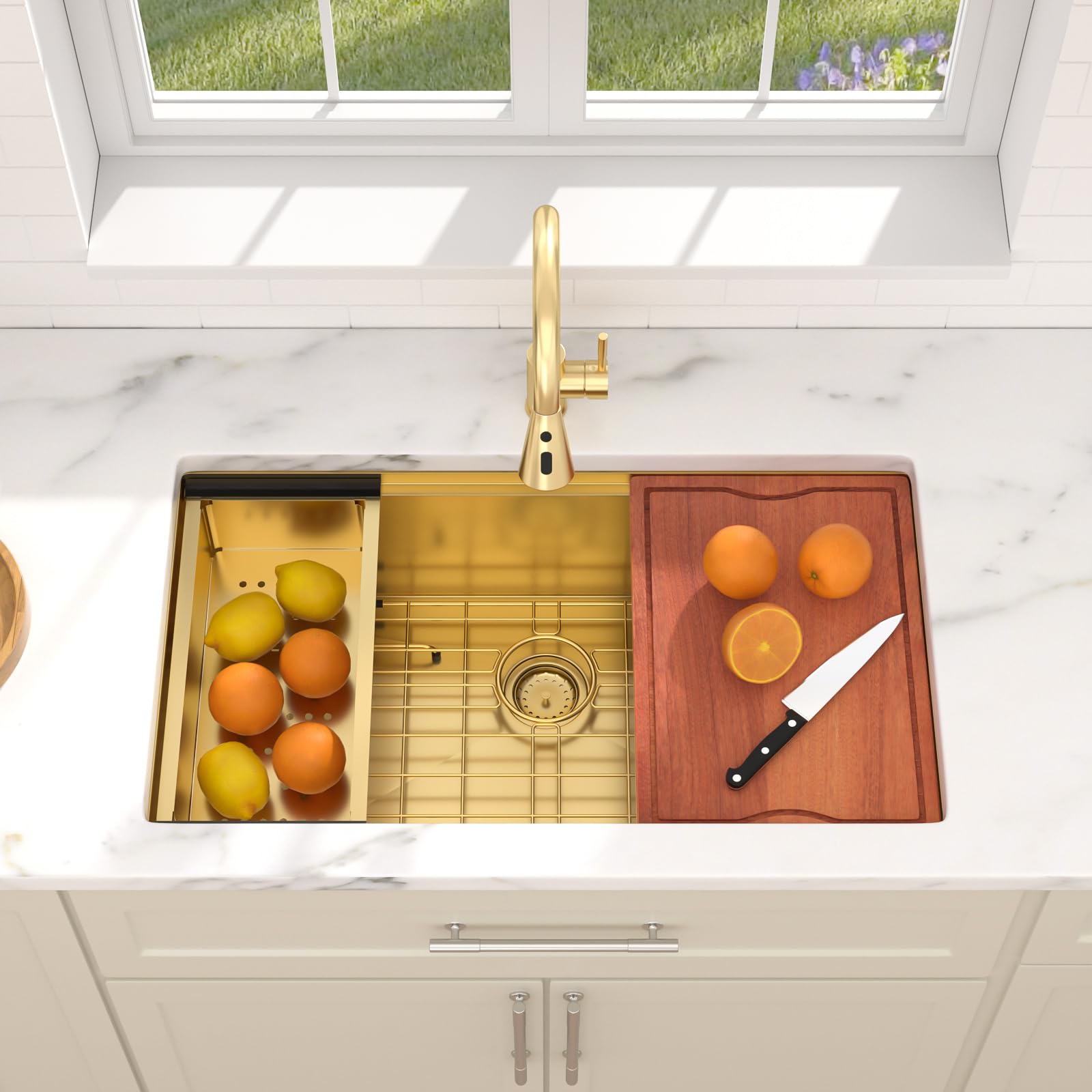 Dcolora 33-in Gold Workstation Undermount Kitchen Sink Single Bowl Stainless Steel Nano-PVD Finish Round Corner With Accessories DC-U2533006GW