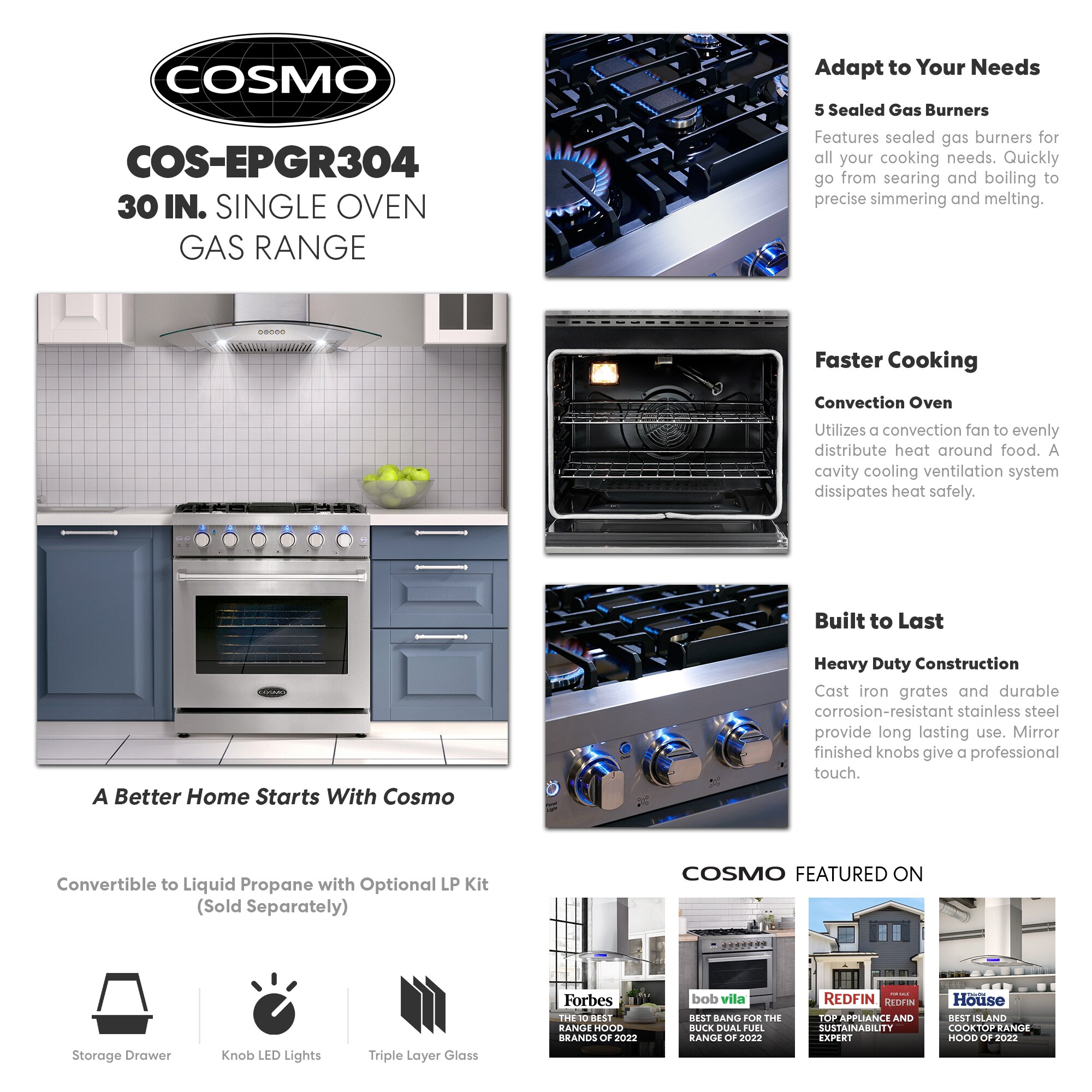 Cosmo Epgr304 30-in 5 Burners 4.55-cu ft Freestanding Natural Gas Range ...