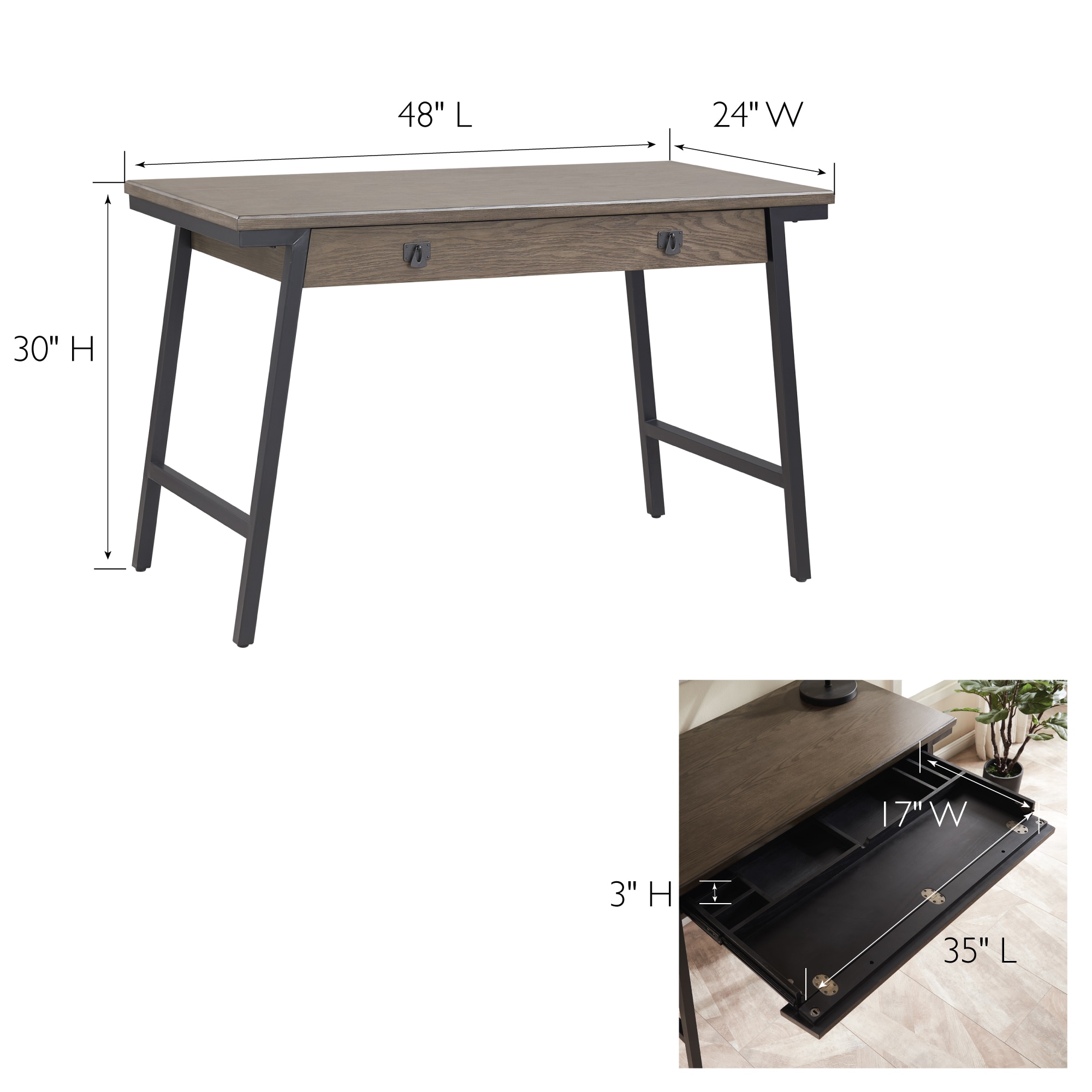 Empiria Medium Gray and Matte Black Poplar Wood Desk with Keyboard Tray