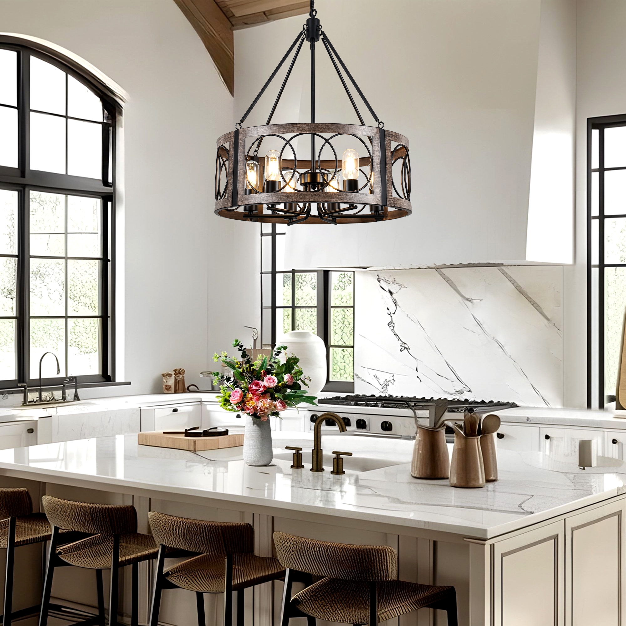 Zjvaive 21.65-in 6-Light Matte Black And Brown Metal Farmhouse Circular ...